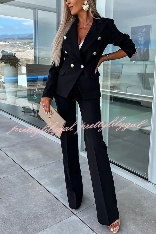 Stylish Women's Lapel Button Pocket Long Sleeve Blazer with Elastic Waist Pants Suit Set - Perfect for Office Wear, Business Meetings, and Formal Occasions