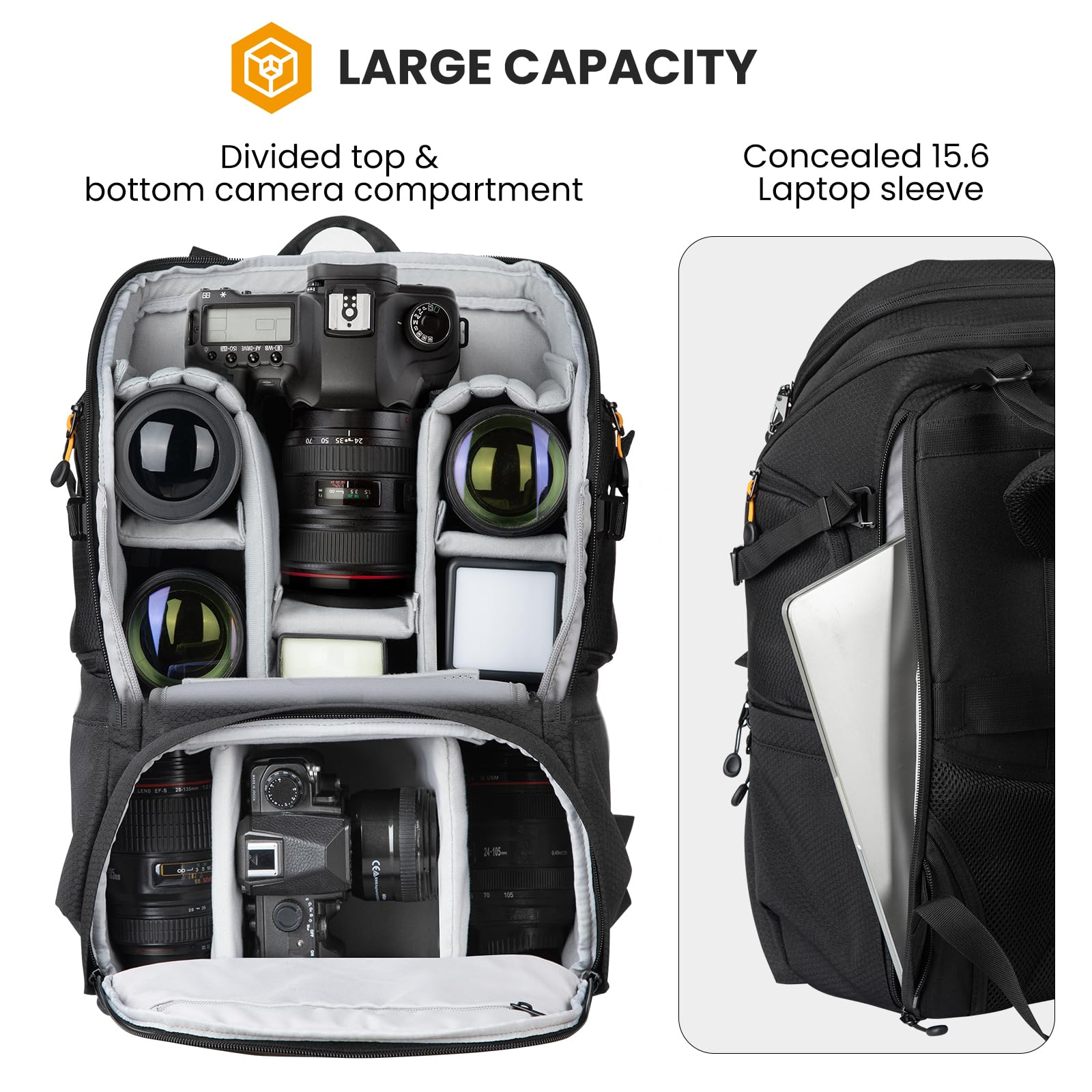 TARION Large Camera Backpack for DSLR & Drone - Waterproof Photography Bag with Dual-Side Opening & Rain Cover - Travel Rucksack for Photographers (Hexagon Series) - Perfect for Outdoor Shooting, Travel Adventures and Professional Photography