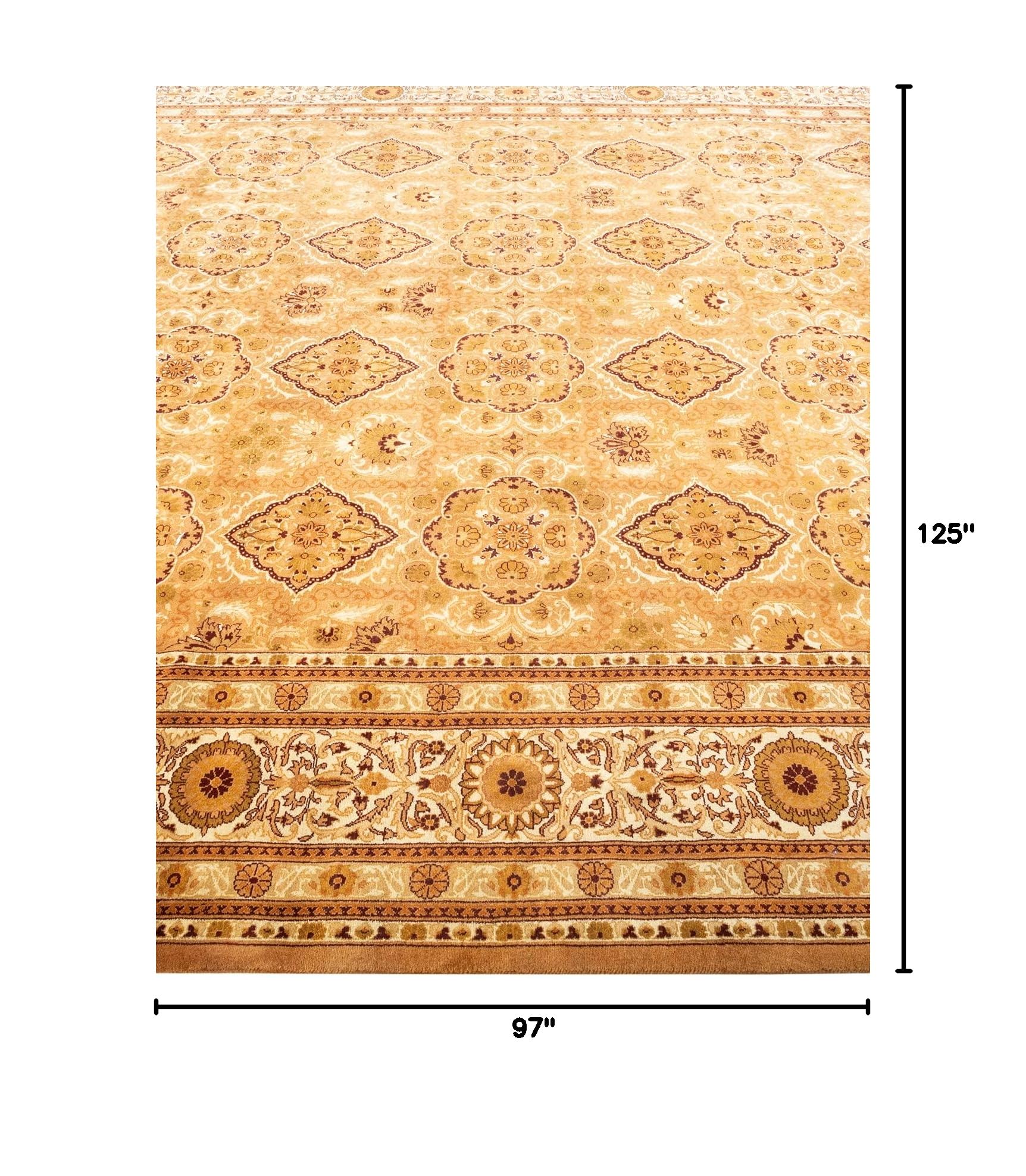 Handmade Wool Oriental Mogul Yellow 8x10 Area Rug - Traditional Hand-Knotted One-of-a-Kind Solo Rugs for Living Room, Bedroom & Home Decor