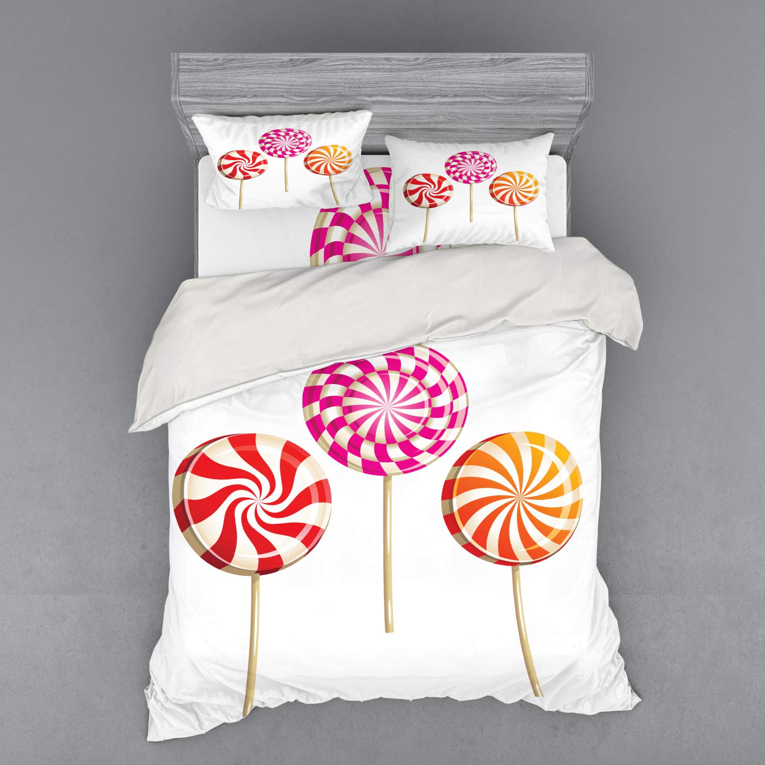 Ambesonne Colorful 4-Piece Queen Size Bedding Set - Realistic Lollipop & Sugary Treats Duvet Cover with Shams & Fitted Sheet, Vibrant Multicolor Design | Perfect for Kids' Rooms, Candy-Themed Decor & Sweet Dreams