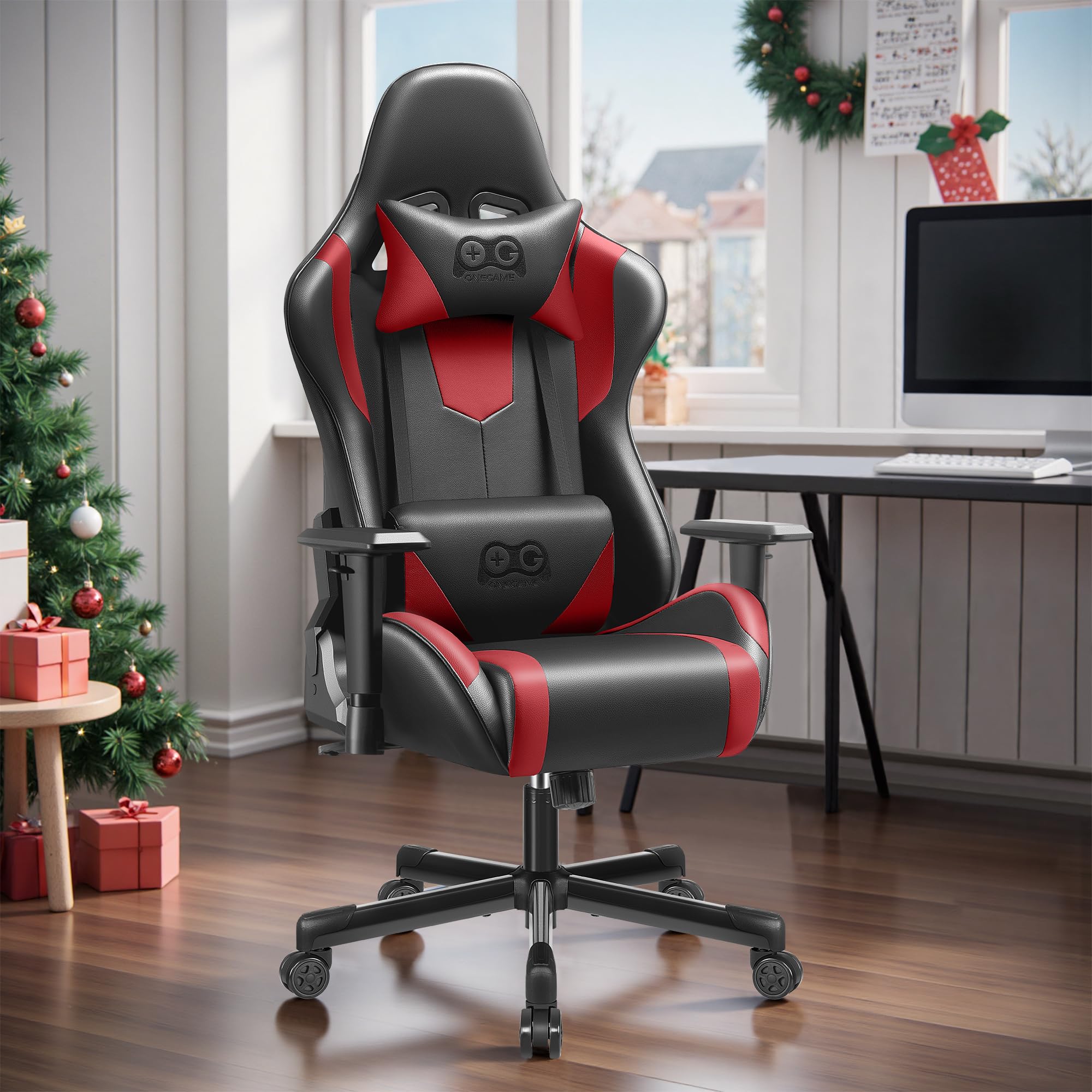 OneGame Ergonomic Gaming Chair - High Back PU Leather Office Chair with 155° Adjustable Recline, Lumbar Support & Swivel Base (Black/Red) - Perfect for PC Gaming, Home Office & Workstations