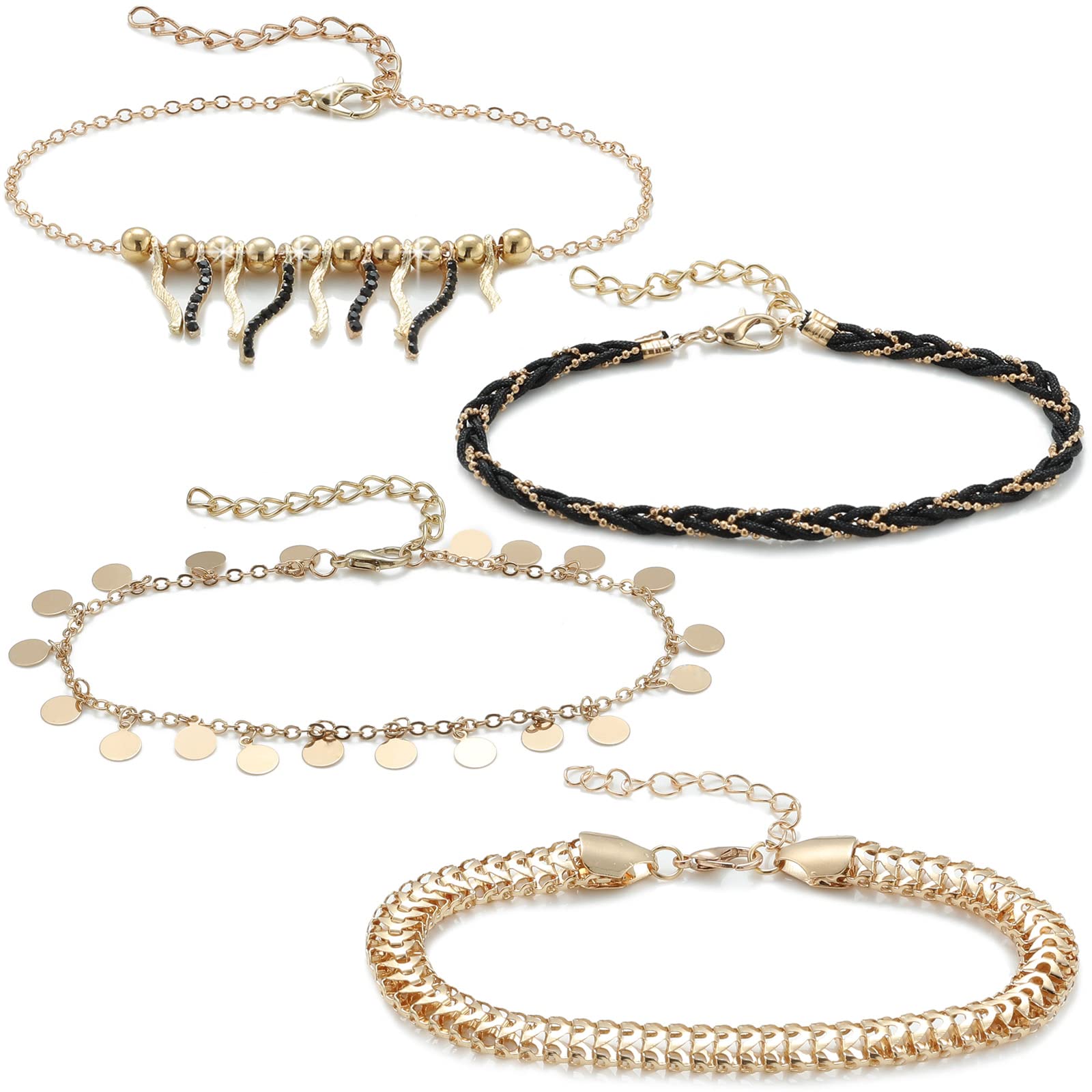 4 Pcs 18K Gold Plated Women's Anklet Bracelet Set with Cubic Zirconia - Elegant Layered Foot Jewelry for Beach, Vacation & Summer Outfits
