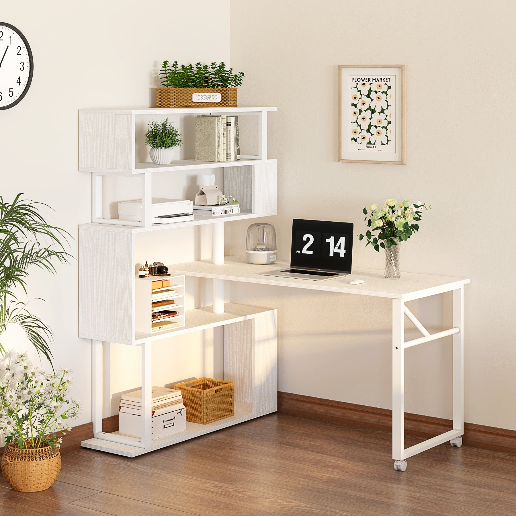 5-Tier Rotating Bookshelf Desk with Wheels - Adjustable Reversible Computer Workstation for Home Office, Study & Small Spaces - Perfect for Remote Work, Online Classes & Crafting