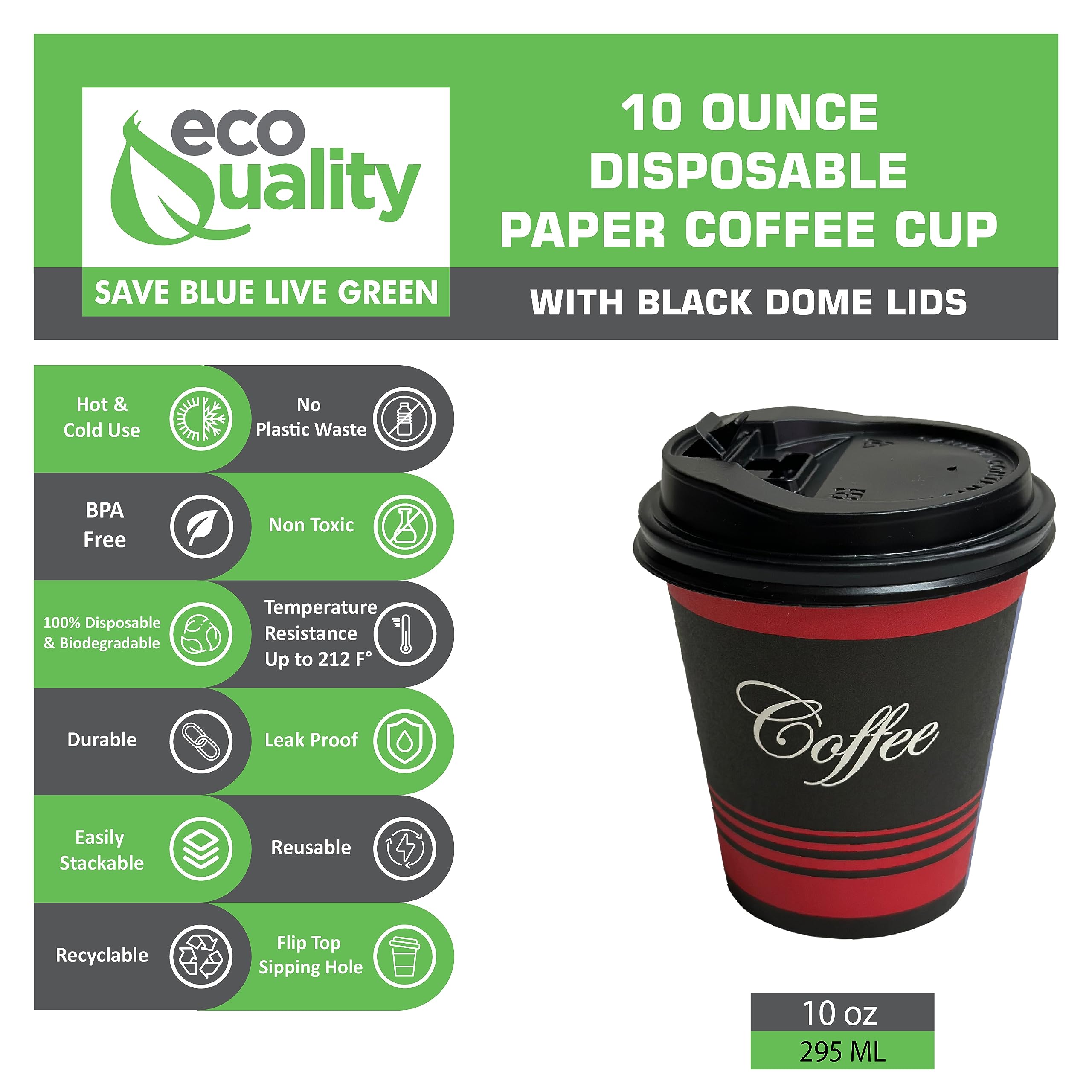 EcoQuality 10oz Disposable Paper Coffee Cups with Black Dome Lids - Compostable & Biodegradable Hot/Cold Drink Cups for Coffee, Tea, Cocoa - Perfect for Travel, Office, Home, Cafes & Takeout (Pack of 1000)