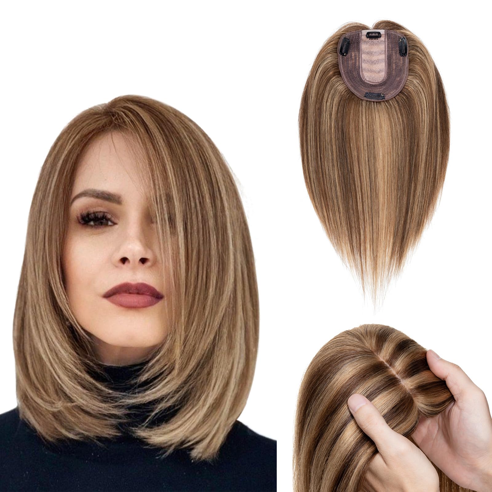 Premium S-noilite Human Hair Toppers for Women - 130% Density Handmade Silk Base Clip-in Hairpiece for Thinning Hair & Hair Loss - 12 Inch 40g #4P27 Medium Brown & Dark Blonde - Perfect for Daily Wear, Special Occasions & Gray Hair Coverage