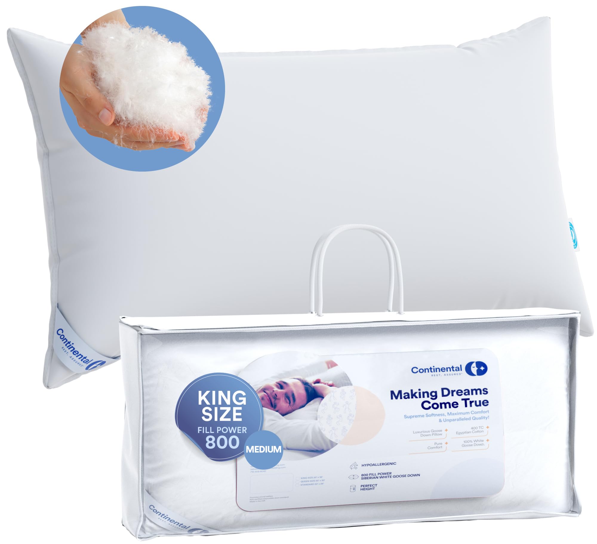 Premium 100% Siberian Goose Down Pillow - 800 Fill Power, Medium & King Size, White - Ultra Soft & Hypoallergenic for Luxury Sleep & Hotel Comfort