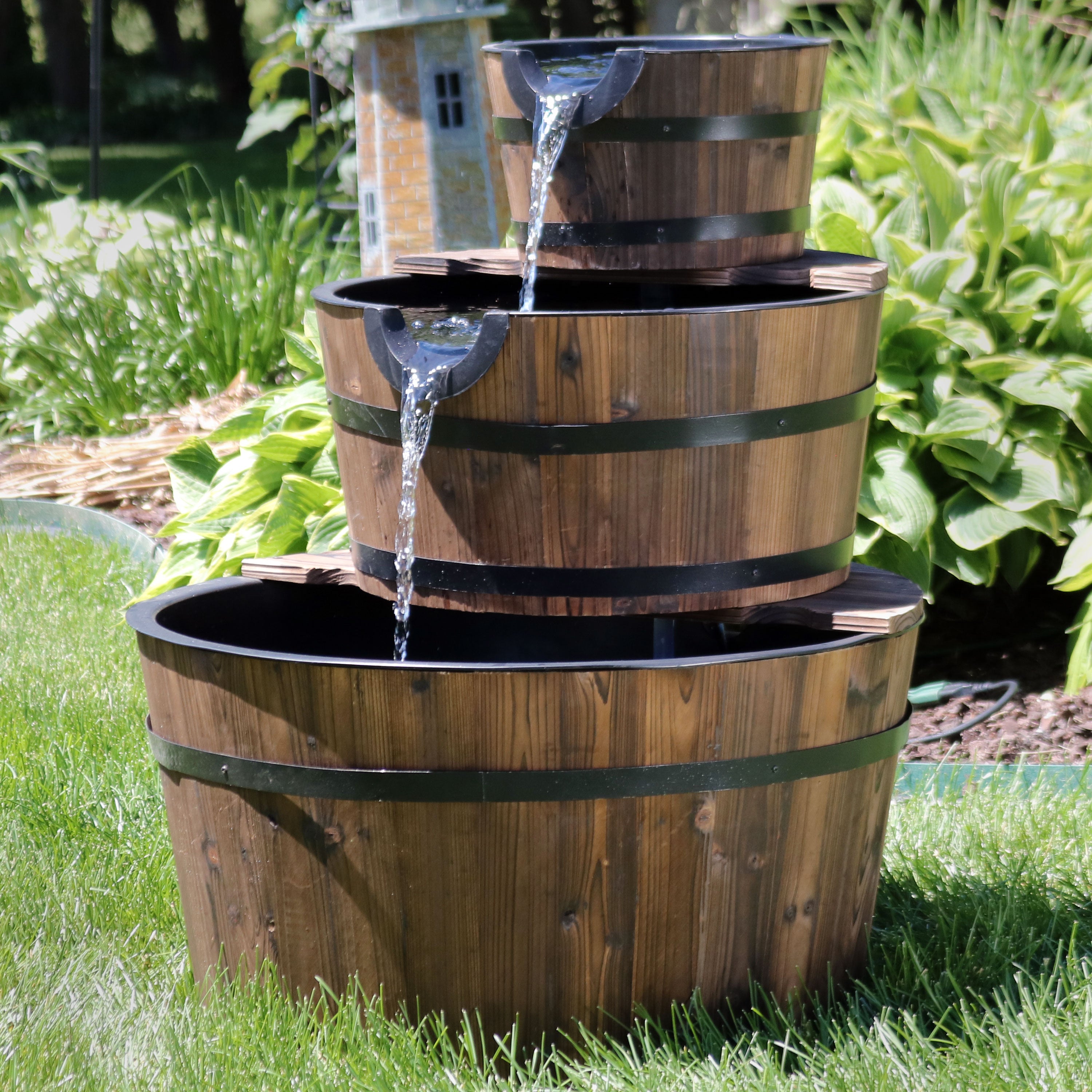 Rustic 3-Tier Wooden Barrel Water Fountain for Outdoor Garden Decor - 30 Inch Height - Perfect for Patio, Yard, and Backyard Landscaping