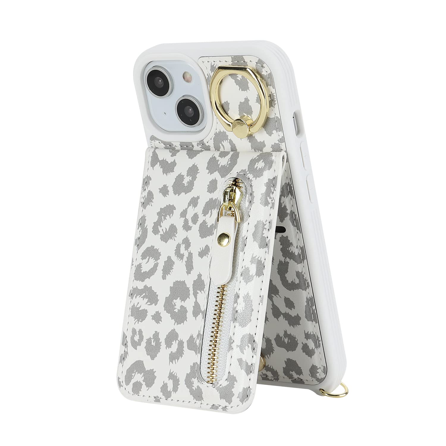 iPhone 13 Phone Case with Card Holder & Strap - Women's Crossbody Bag with Ring Stand & Zipper Wallet - White Leopard Print - Perfect for Travel, Shopping & Everyday Use