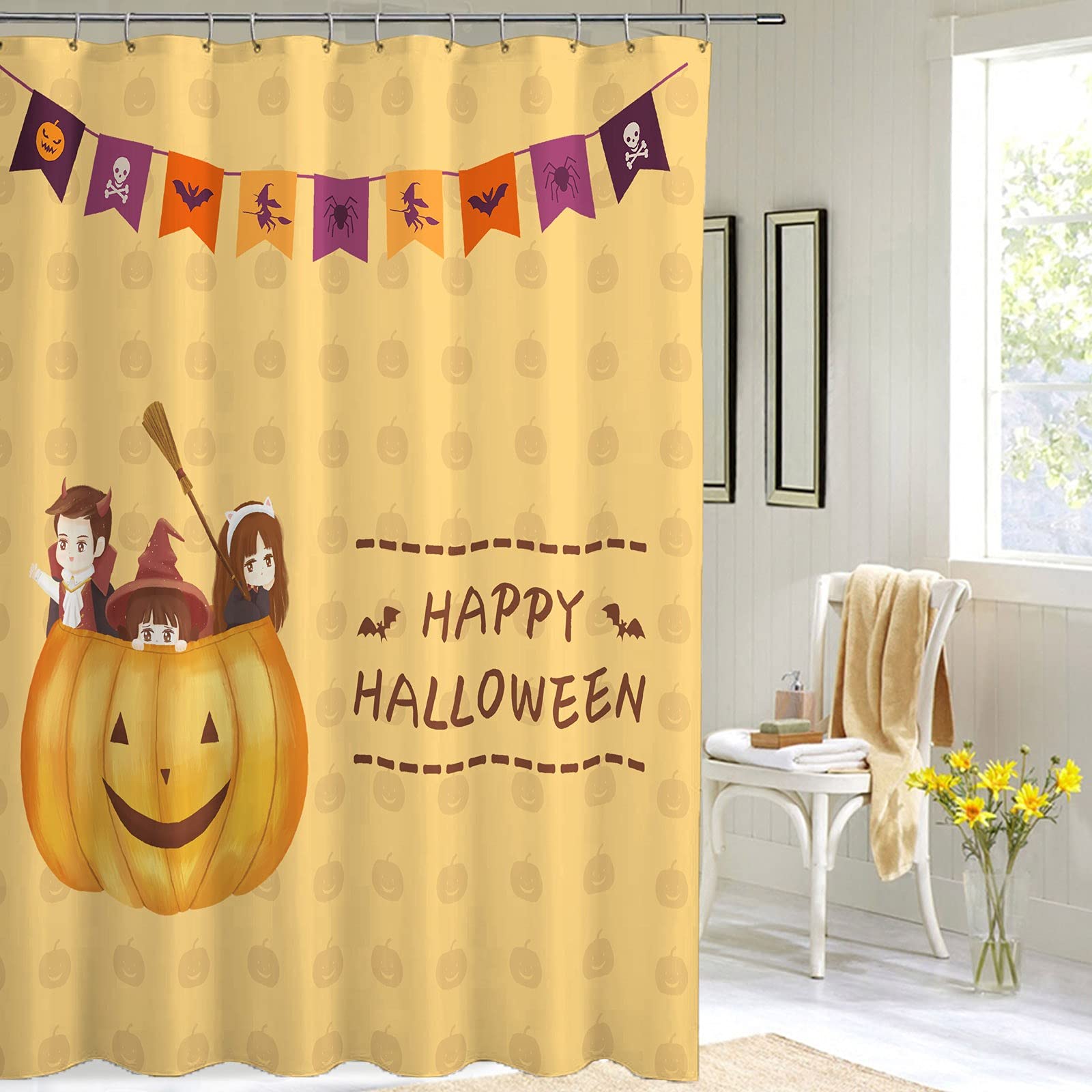 VOUGGIME Happy Halloween Shower Curtain Set - 72x72 Inch Pumpkin Bathtub Design with 12 Hooks, Yellow Polyester Fabric Bathroom Decor for Kids | Perfect for Halloween Party Decorations & Spooky Bathroom Makeovers