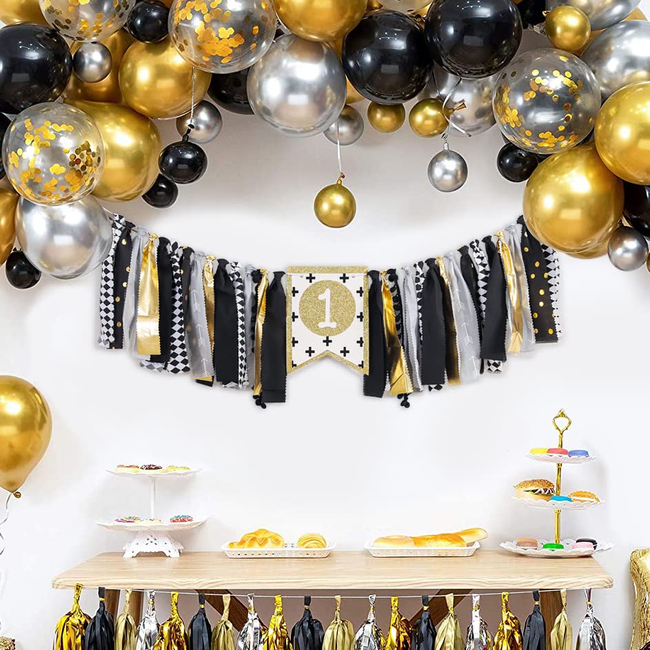 Wild One 1st Birthday Highchair Banner - Black & Gold Baby Birthday Decorations for Kids Party, Photo Booth Props & Party Supplies | Perfect for 1st Birthday Celebrations, Cake Smash Photos & Nursery Decor