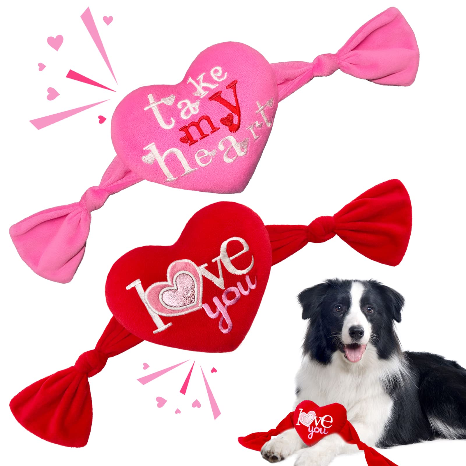 Valentine's Day Dog Toys - 2 Pack Heart Shaped Plush Squeaky Toys for Small & Medium Dogs | Perfect Valentine's Gift for Pets, Playtime & Cuddling
