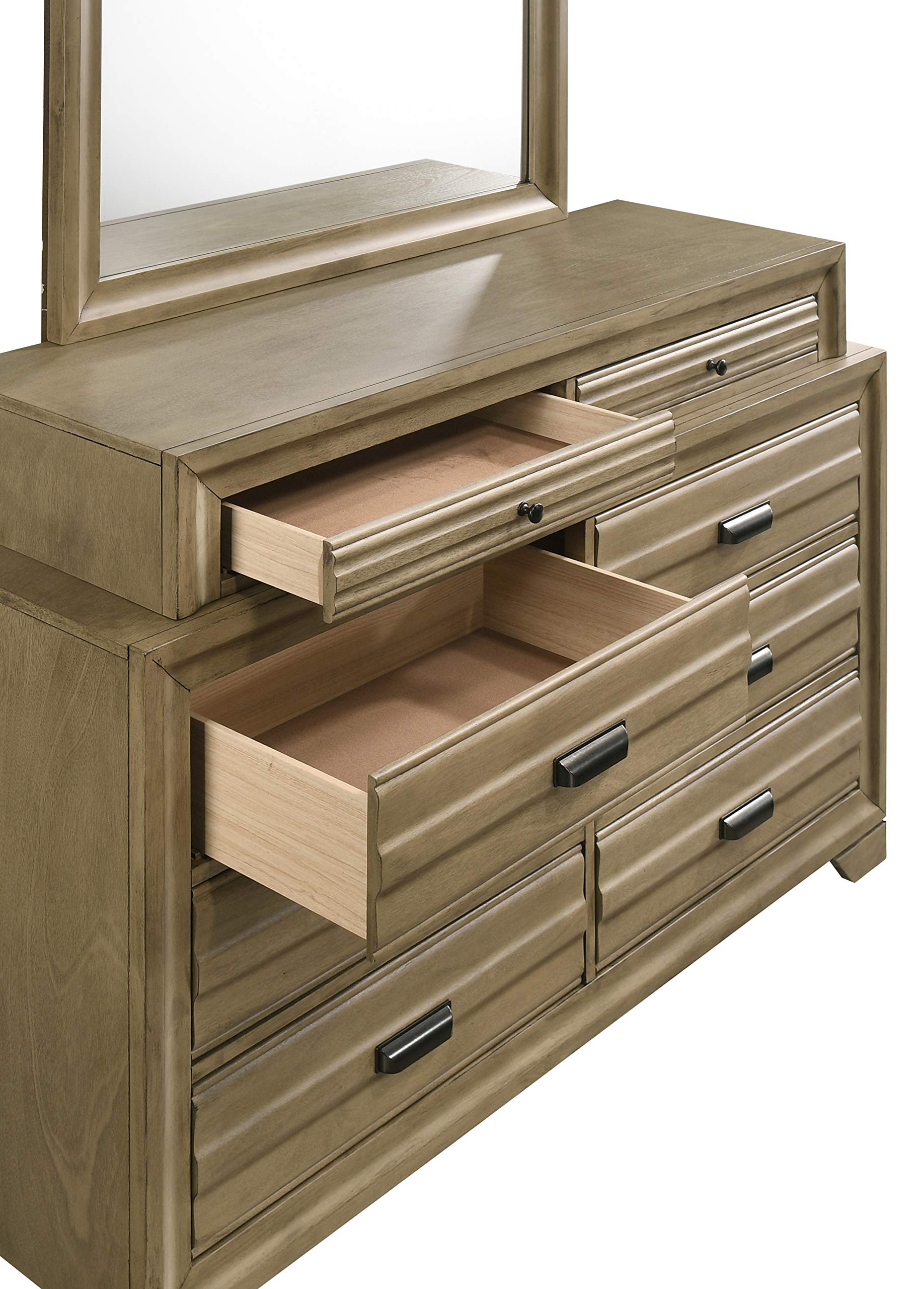 Roundhill Furniture Loiret Wood Storage Platform Queen Bedroom Set with Dresser, Mirror, 2 Nightstands & Chest - Light Gray Finish - Modern Bedroom Furniture for Small Spaces & Guest Rooms