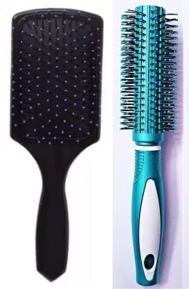 Beggie Round Rolling Curling Roller & Paddle Flat Hair Brush Combo Set - Blue Styling Brushes for Men & Women - Perfect for Salon, Home Hair Care & Travel Styling