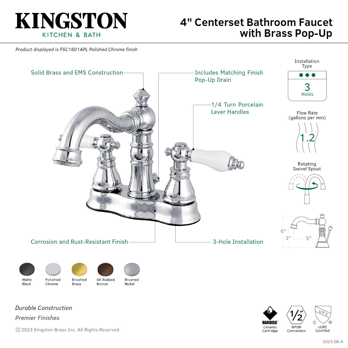 American Patriot FSC1605APL Oil Rubbed Bronze 4-Inch Centerset Bathroom Faucet - Double Handle 3-Hole Deck Mount with Brass Pop-Up Drain - Perfect for Bathroom Vanity and Powder Room Renovations
