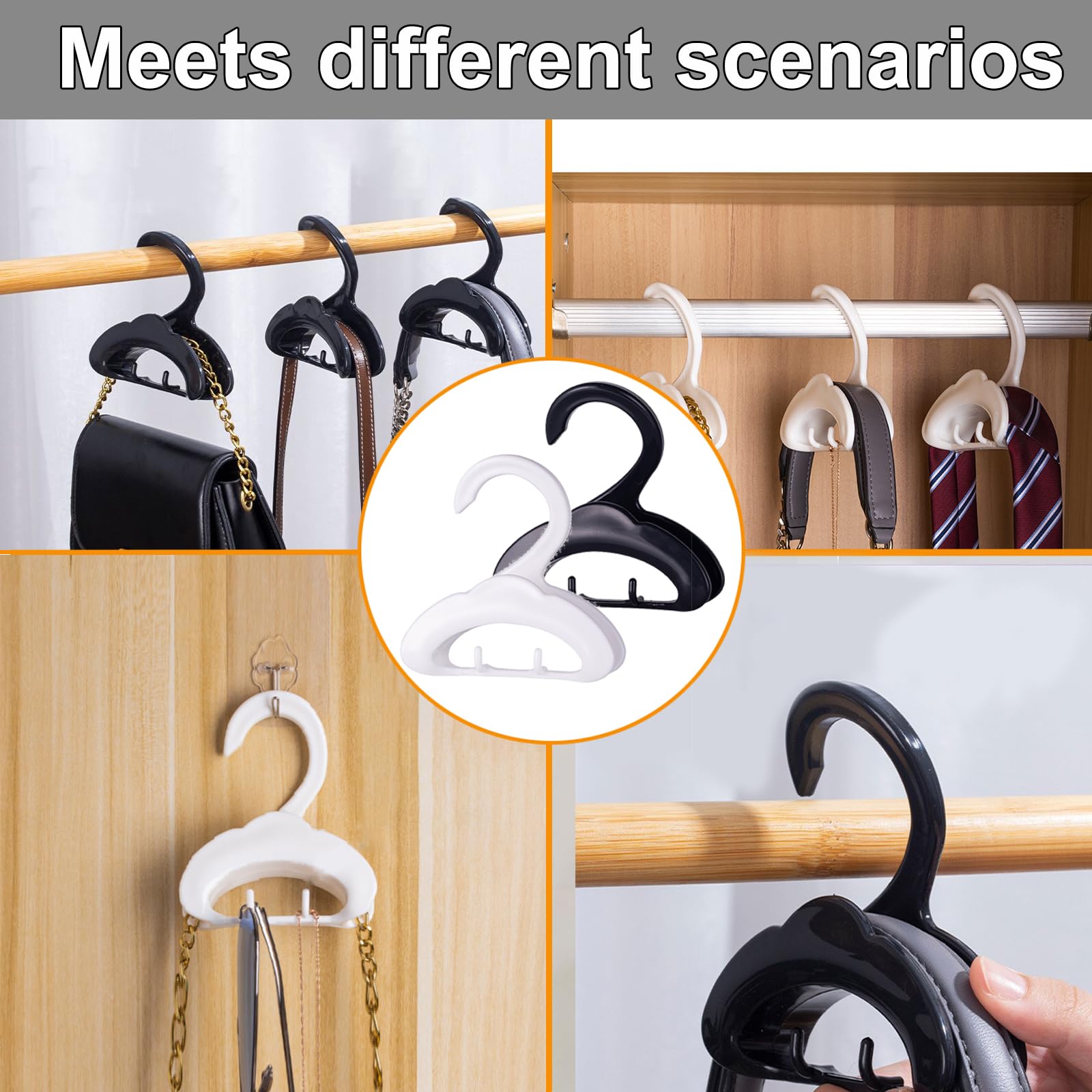 10-Pack Multi-Functional Purse Hangers for Closet - Space Saving Bag Organizer with 2 Hooks for Purses, Belts, Hats & Scarves - Prevents Bag Strap Damage - Perfect for Home, Office & Travel Organization (White)