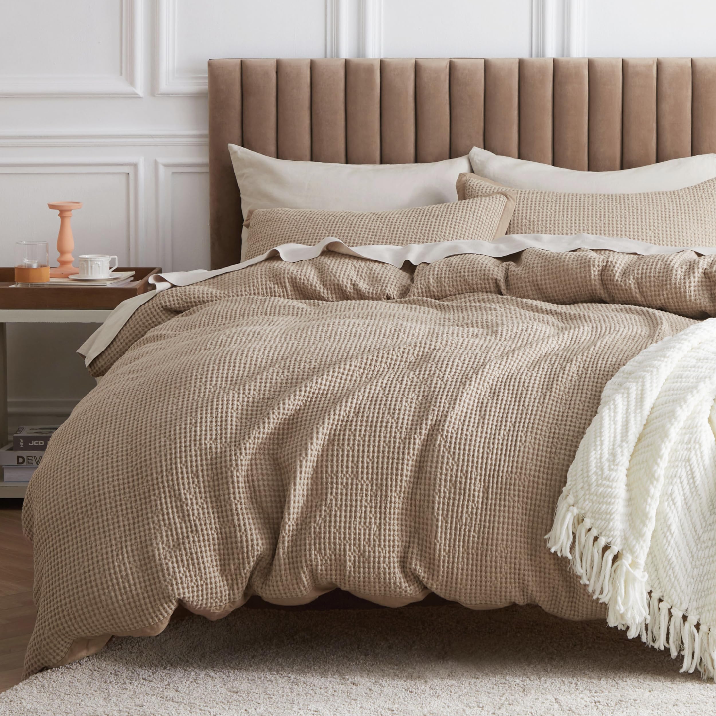 Bedsure 100% Cotton Waffle Weave Duvet Cover King Size - Soft & Breathable Khaki Tan Bedding Set for All Seasons, 3-Piece (104