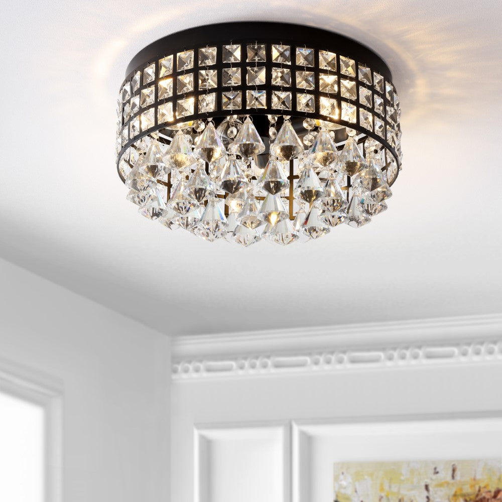 Meredith 14.5 Inch Crystal Drops & Metal LED Flush Mount Ceiling Light - Modern Chandelier for Bedroom, Living Room, Dining Room & Hallway Lighting