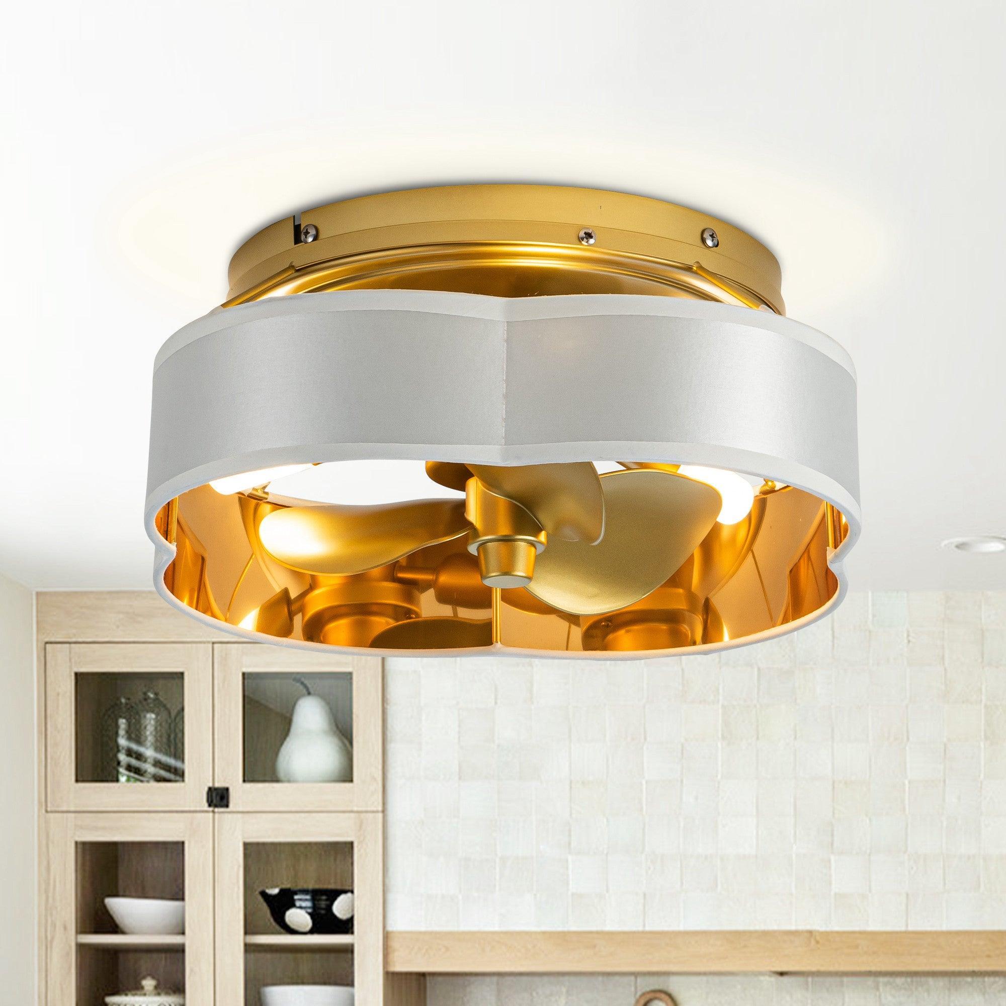 13 Inch Gold Flush Mount Ceiling Fan with LED Light and Remote Control - Modern Low Profile Design for Bedroom, Living Room, and Office Spaces