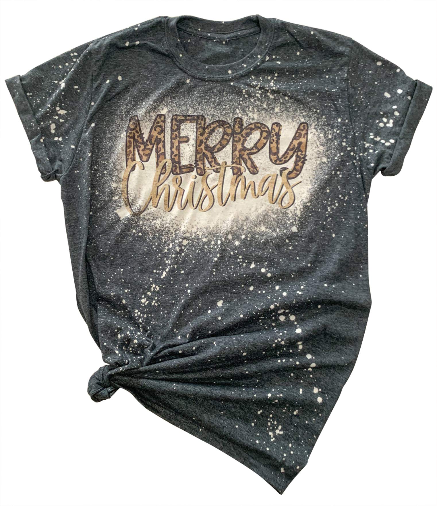 Vintage Bleached Leopard Print Christmas T-Shirts for Women - Funny Holiday Tie Dye Tee - Perfect for Xmas Parties & Festive Gatherings