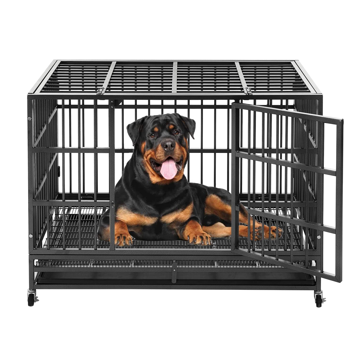 SHUSHIM Heavy Duty Dog Crate Cage - Extra Large Metal Kennel with Double Doors & Lockable Wheels for Large Dog Breeds | Indoor/Outdoor Pet Playpen, Travel & Home Use