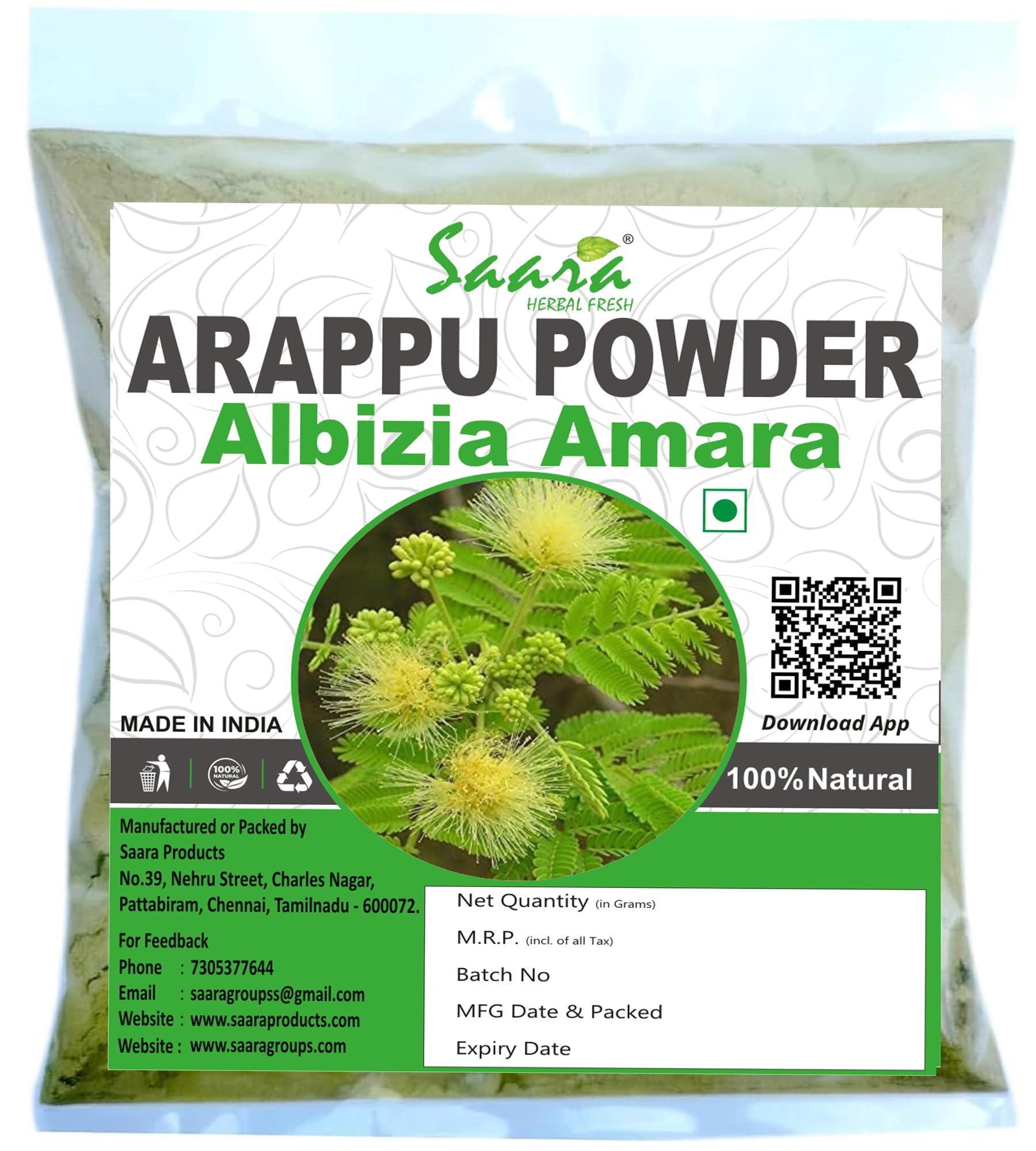 Saara HERBAL FRESH Arappu Powder 400g (4 x 100g) | Natural Albizia Amara & Usilam Green Arappu for Hair Wash & Scalp Care | Promotes Hair Growth & Reduces Dandruff | Perfect for Ayurvedic Hair Treatment & DIY Hair Masks