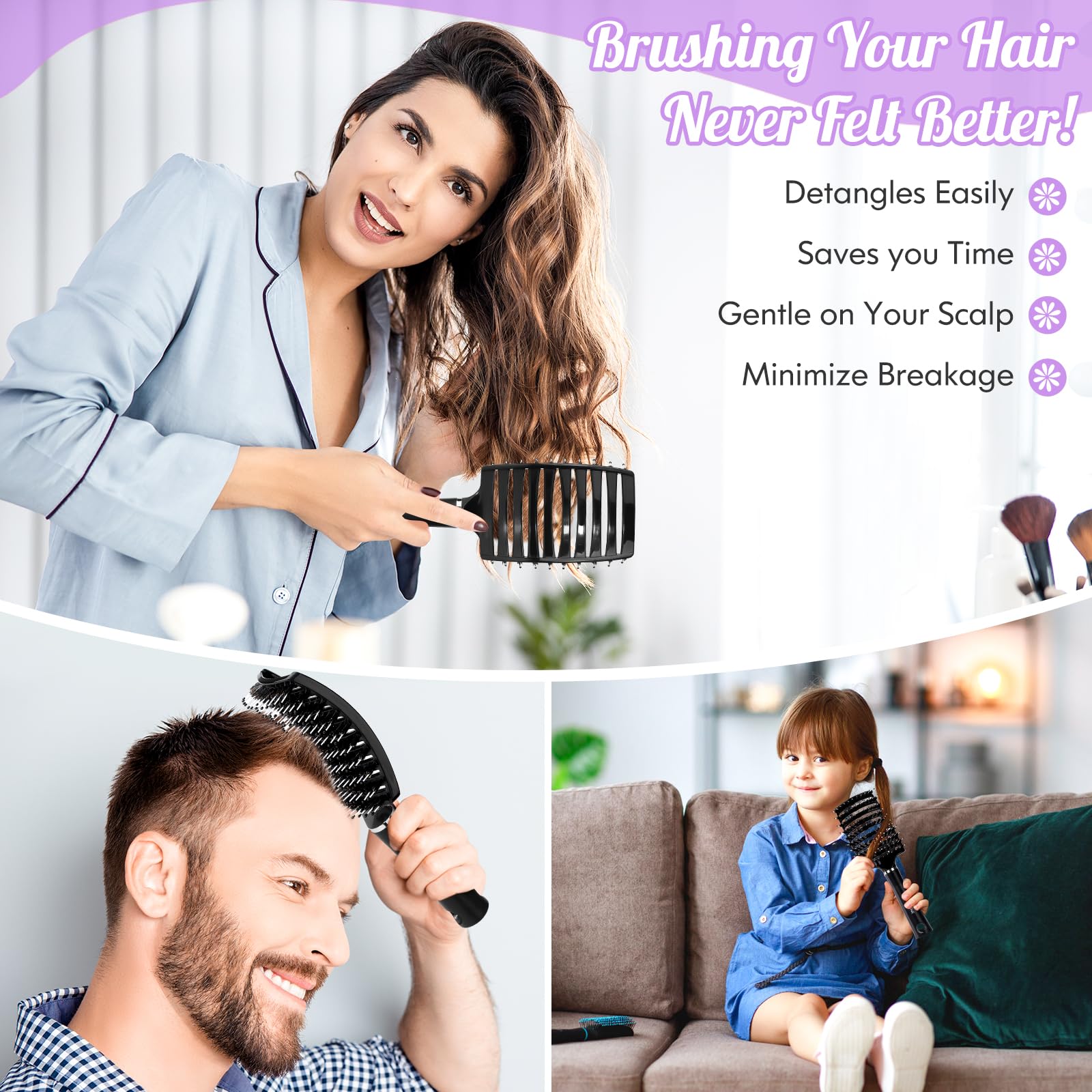 Boar Bristle Detangling Hairbrush for Women, Men & Kids – Smoothing Brush for Curly, Thick, Long or Short Hair – Wet & Dry Use – Curved Vented Design for Faster Blow Drying – Perfect for Home, Travel & Salon Styling (Black)