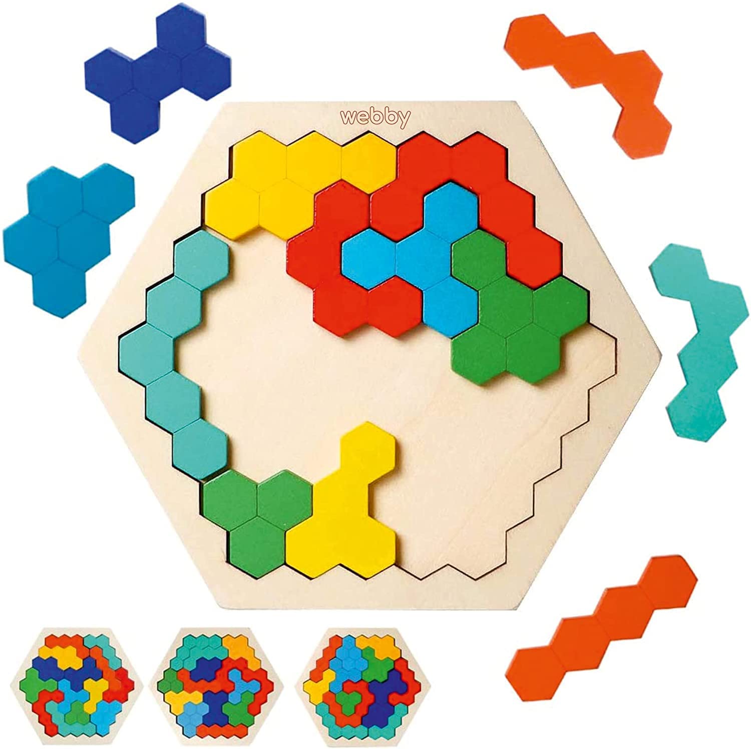 Webby Hexagonal Wooden Brain Teaser Puzzle - Educational Learning Toy for Kids | STEM Montessori Gift for Problem Solving & Critical Thinking | Perfect for Classroom, Travel & Family Game Night