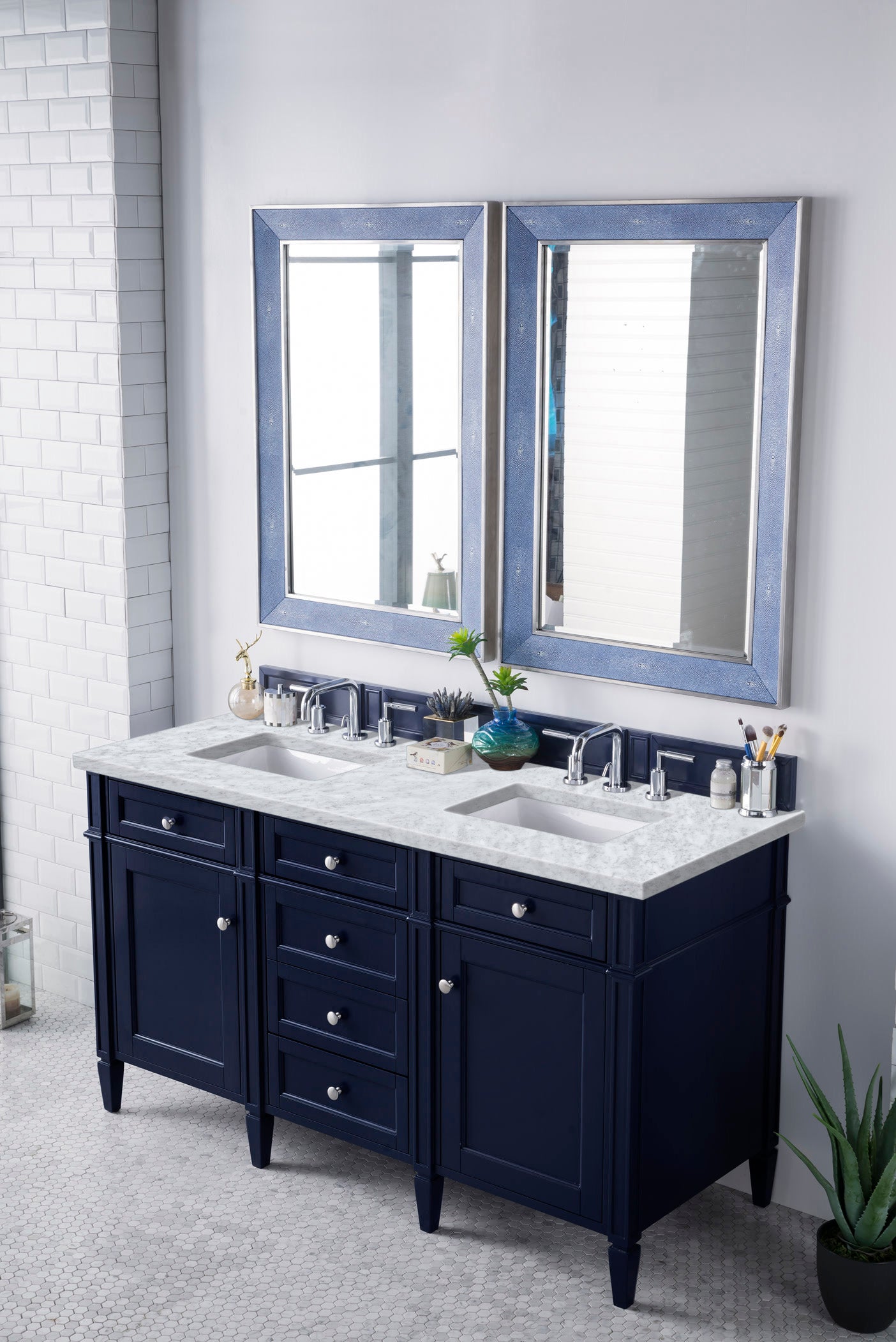 Brittany 60-Inch Victory Blue Double Vanity with 3CM Carrara Marble Top - Perfect for Master Bathroom & Luxury Home Renovation
