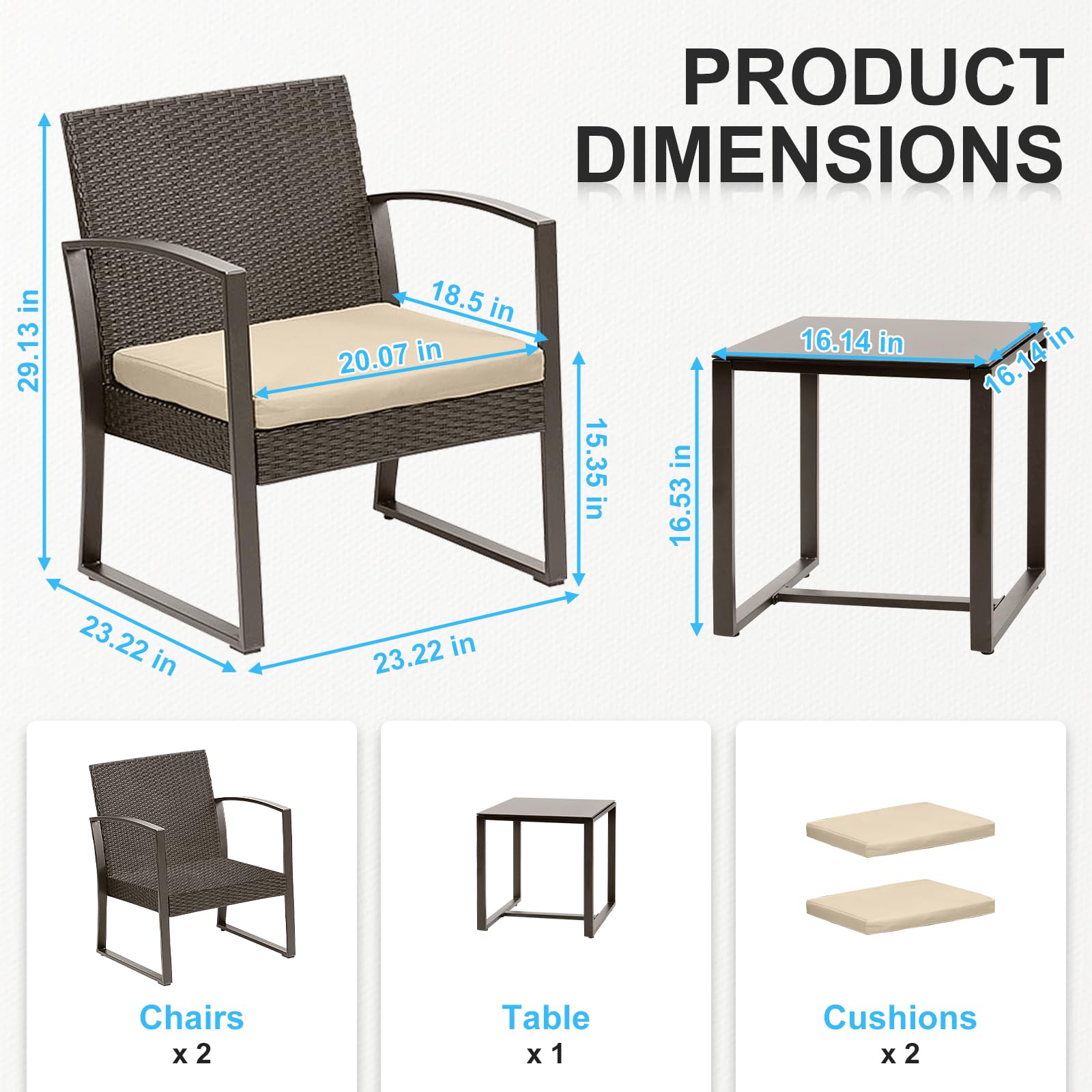 BPS 3-Piece Outdoor Patio Furniture Set - Brown Wicker Chairs with Beige Cushions & Glass Top Table for Garden, Poolside, Backyard or Balcony | Perfect for Relaxing, Entertaining & Outdoor Dining