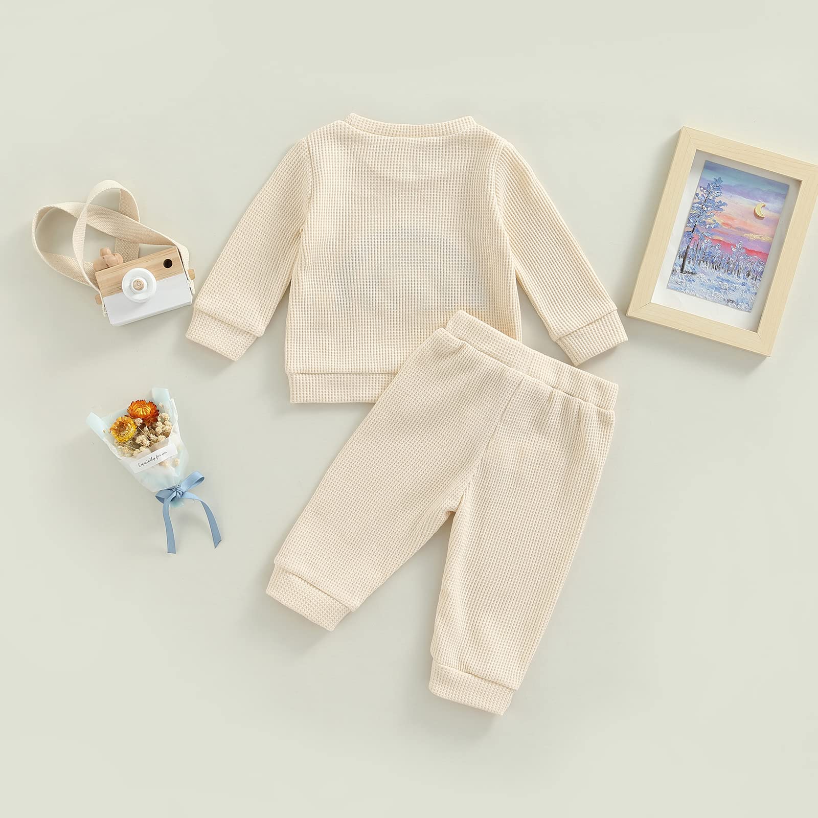 Newborn Baby Boy & Girl Clothes Set - 2PCS Fall Winter Waffle Outfit with Rainbow/Letter Design - Cozy Sweatsuits for Infant Daily Wear & Photo Shoots