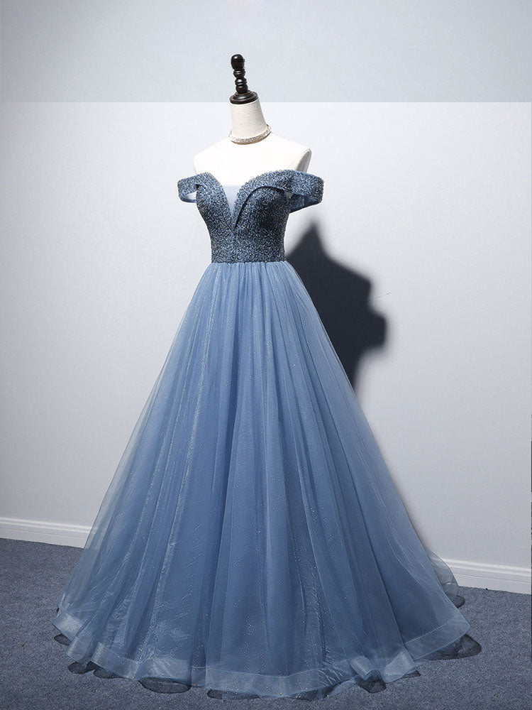 Elegant Blue Sweetheart Neckline Tulle Beaded Off-Shoulder Long Prom Dress for Homecoming, Formal Dances & Special Occasions