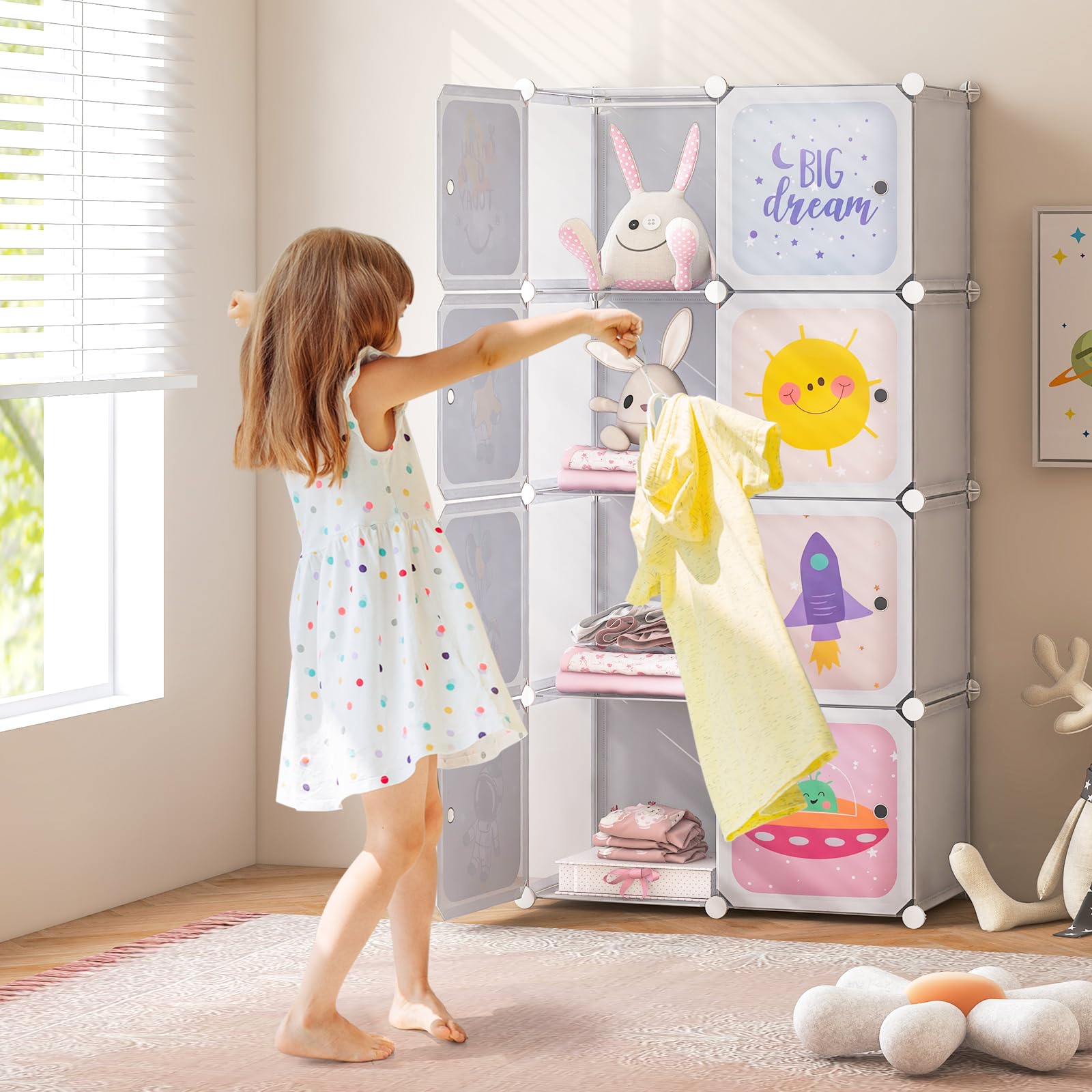 INFANS Kids Wardrobe & Closet Organizer - Portable Baby Dresser with 12 Storage Cubes & 2 Hanging Sections for Nursery, Bedroom - White Children's Clothes Storage Cabinet (Perfect for Small Spaces & Shared Kids Rooms)