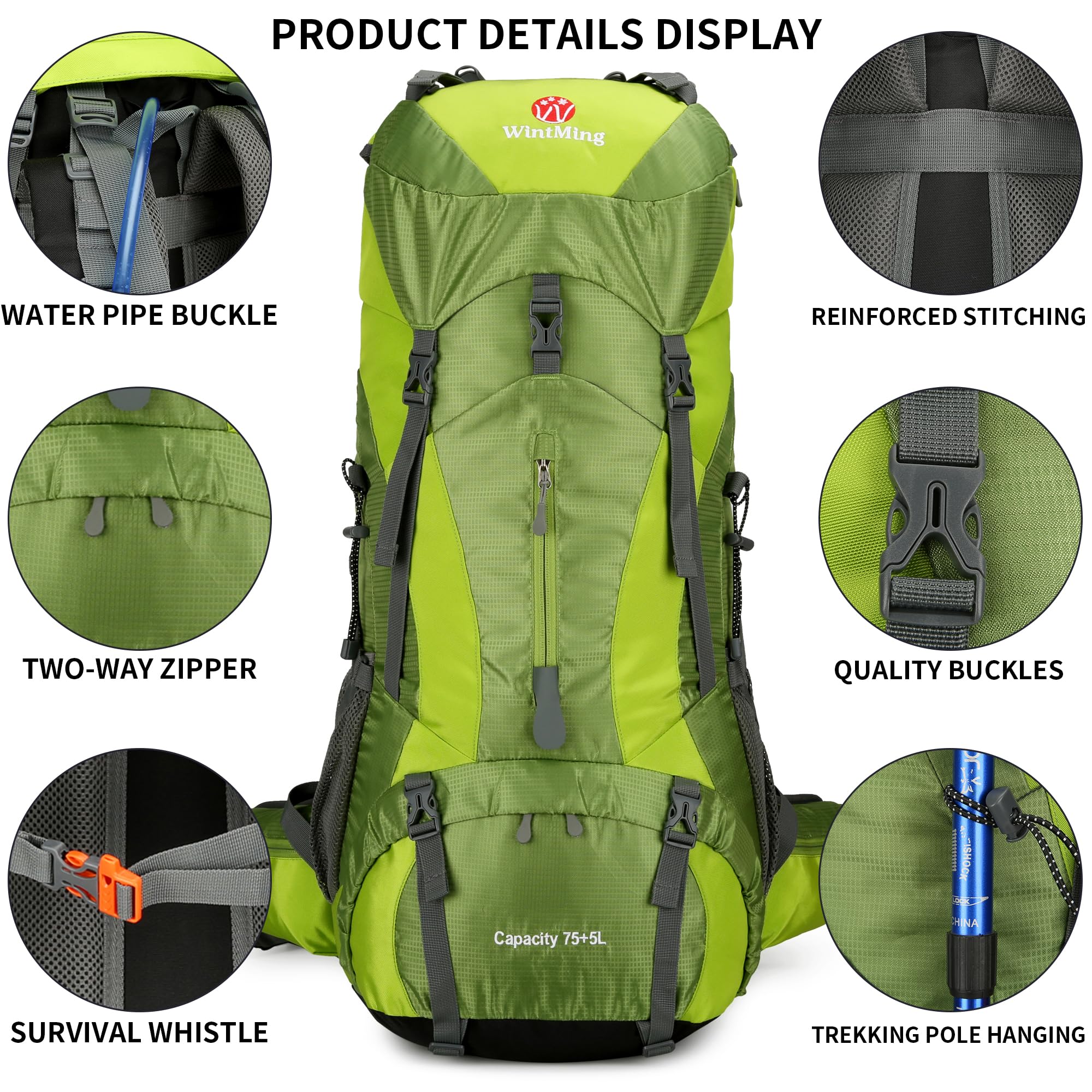 WintMing 75L Waterproof Hiking Backpack with Rain Cover - Perfect for Camping & Travel