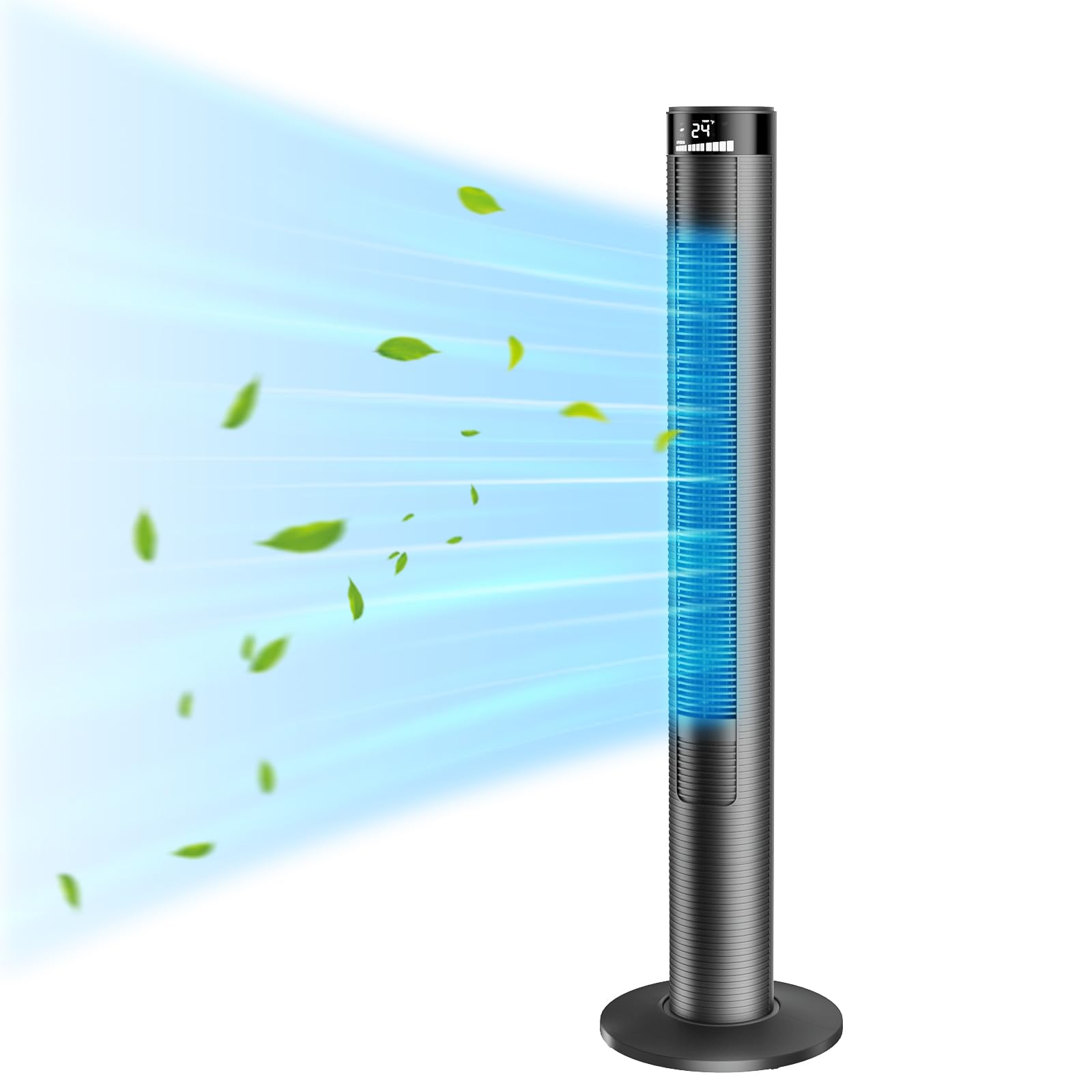 46 Inch CIH Tower Fan - Powerful 24ft/s Velocity, Quiet Oscillating Bladeless Floor Fan with Remote Control, 3 Speed Modes, LED Display & 7.5H Timer - Ideal for Home, Bedroom, Office & Indoor Cooling (Black)