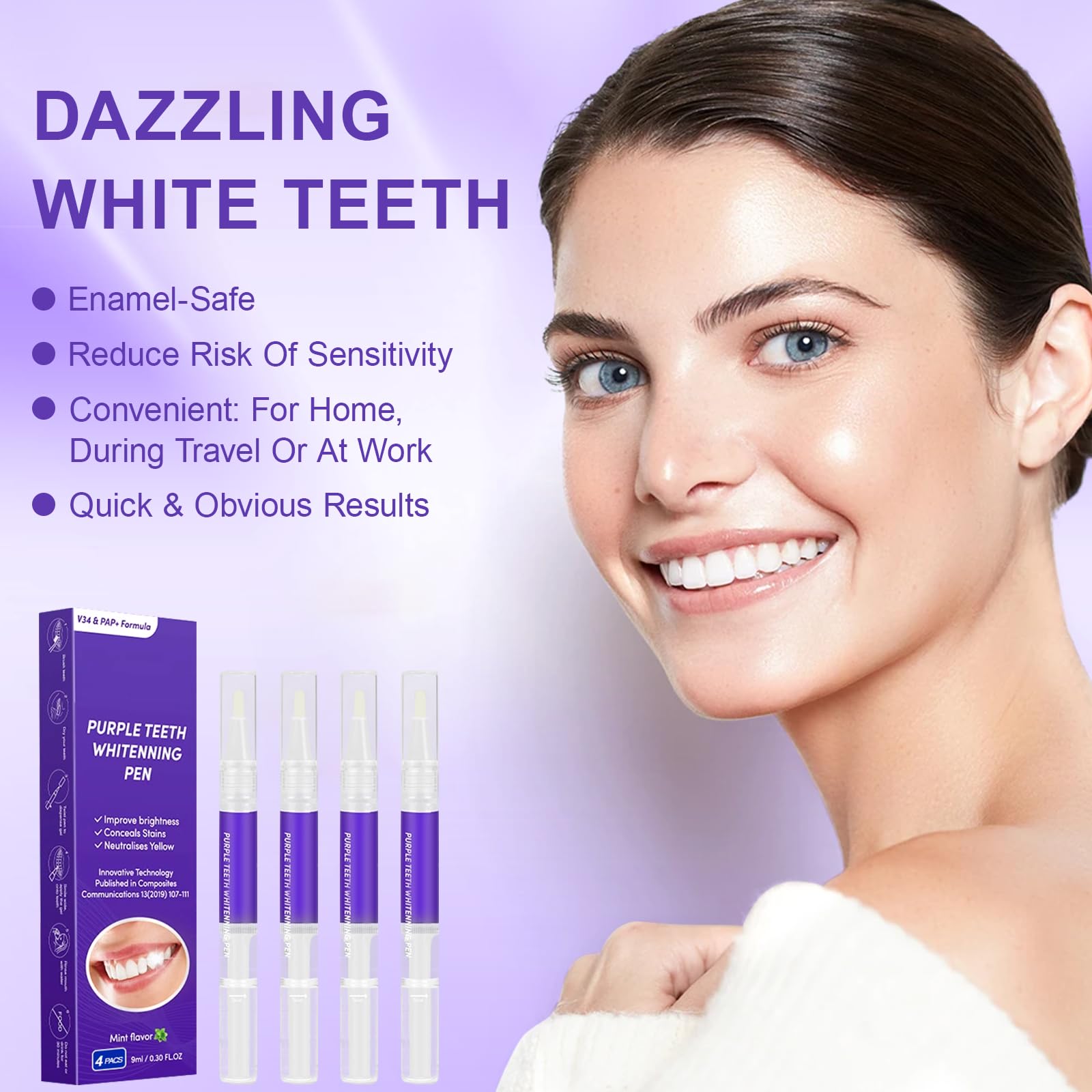 Landrain 4-Pack Teeth Whitening Pen Set - Purple Teeth Whitening & Stain Removal for Instant Brightening - Perfect for Travel, Home Use & Special Occasions