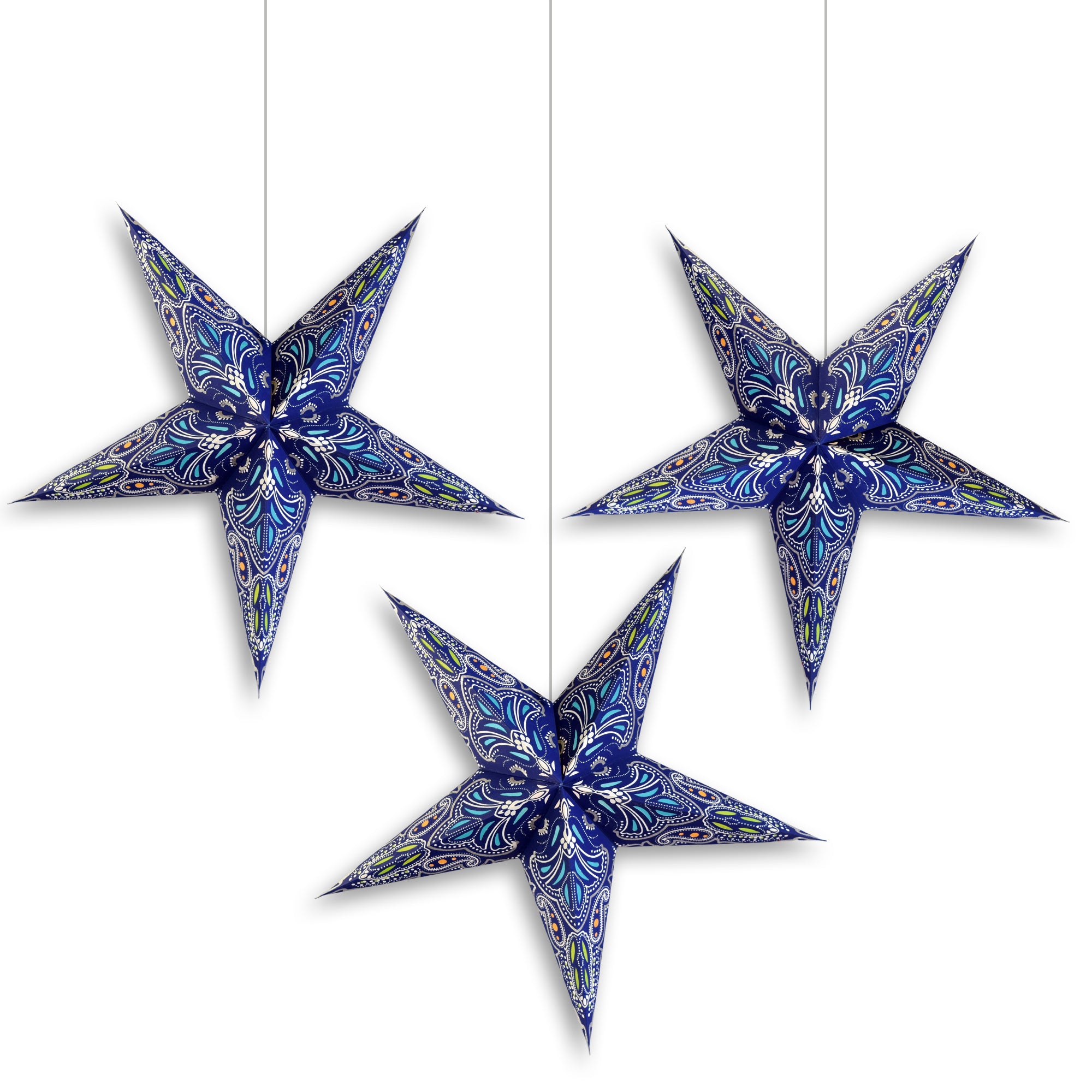 3 Pack 24 Inch Blue Aura Glow Glitter Paper Star Lantern with Triple Pendant Light - Party Decor, Wedding Centerpiece, Bedroom Lighting, Outdoor Patio Hanging Decorations