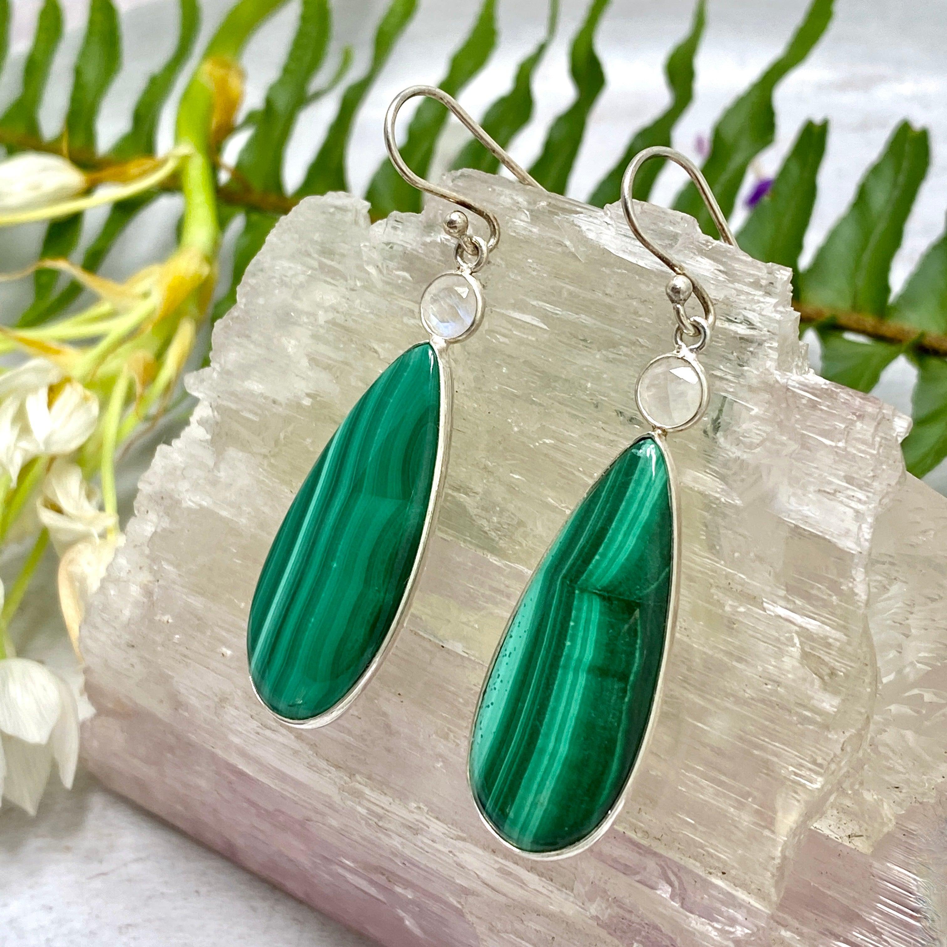 Natural Malachite Teardrop Cabochon Earrings for Women - Handmade Green Gemstone Dangle Earrings - Perfect for Boho, Hippie & Vintage Jewelry Lovers