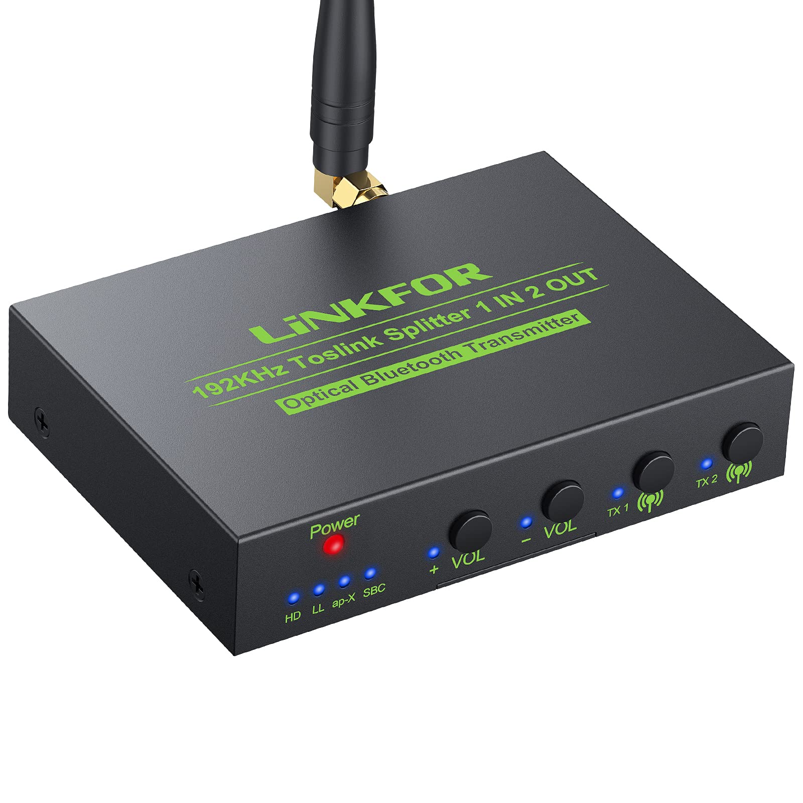 LiNKFOR 192KHz Digital Optical Audio Splitter 1x2 with Bluetooth 5.0 Transmitter - Supports AptX HD, aptX Low Latency, PCM & LPCM 2.0 - Perfect for Home Theater, Gaming & Music Streaming Systems