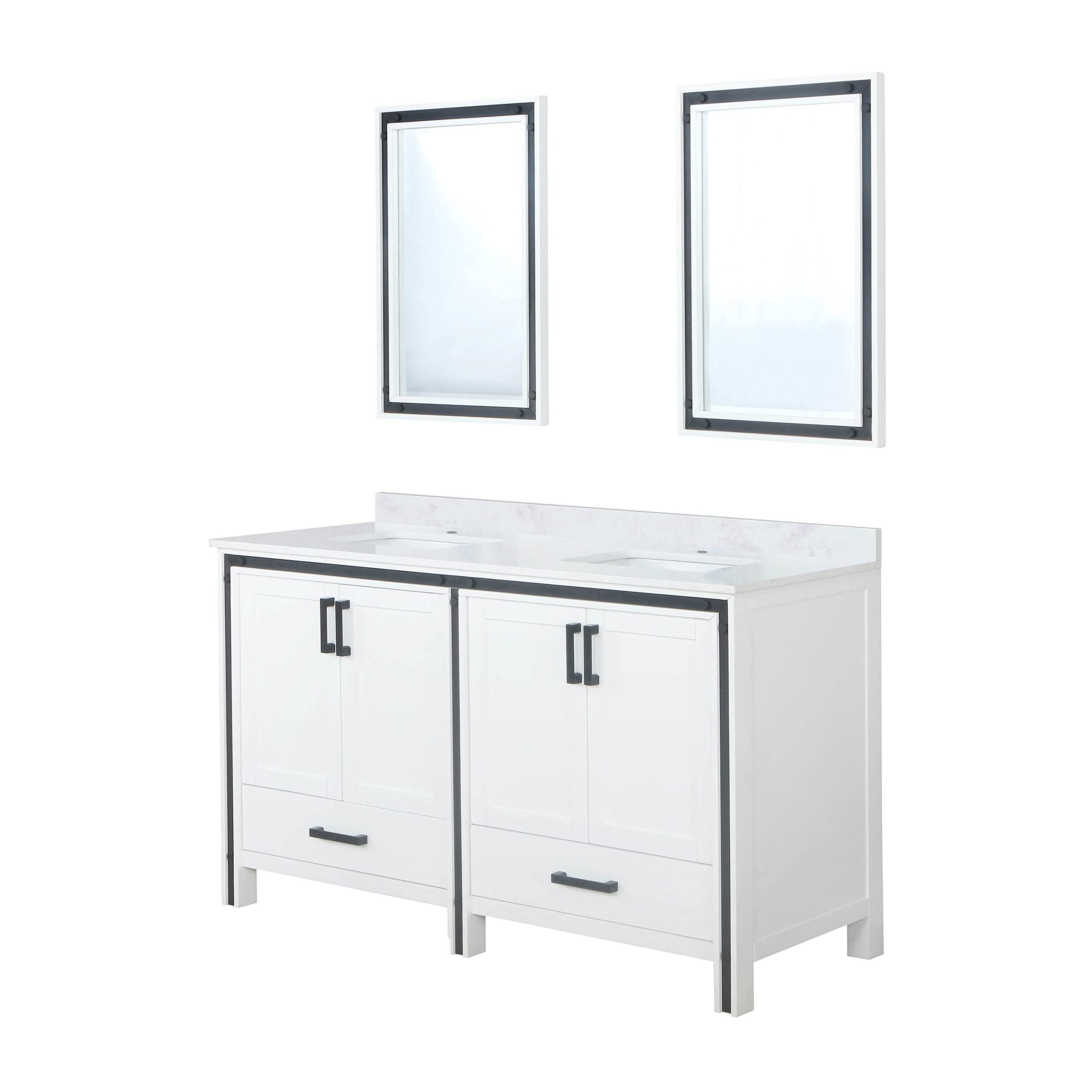 Ziva 60 Inch White Double Bathroom Vanity with Cultured Marble Top & 22 Inch Mirrors - Modern Bathroom Storage Solution for Master Bath or Guest Bath Remodel