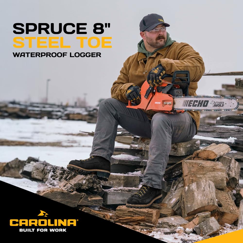 Men's Carolina Spruce 8-Inch Waterproof Steel Toe Work Boots - Leather Upper, Cushioned Footbed, Oil & Slip Resistant Outsole, EH Rated - Ideal for Construction, Logging & Outdoor Work