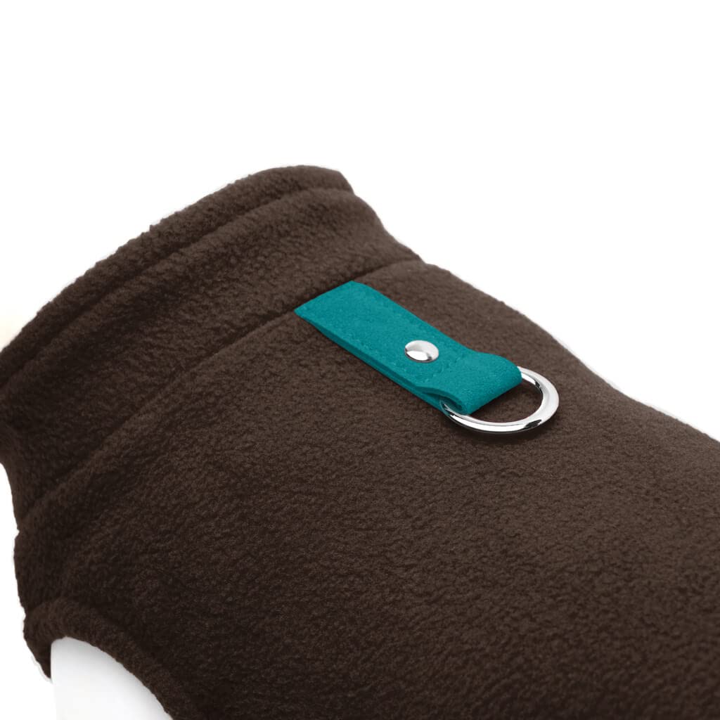 Gooby Fleece Vest Dog Sweater - Brown-Turquoise, X-Small - Warm Pullover Fleece Dog Jacket with O-Ring Leash - Winter Small Dog Coat for Cold Weather - Cozy Pet Clothes for Small Dogs (Ideal for Outdoor Walks & Winter Adventures)