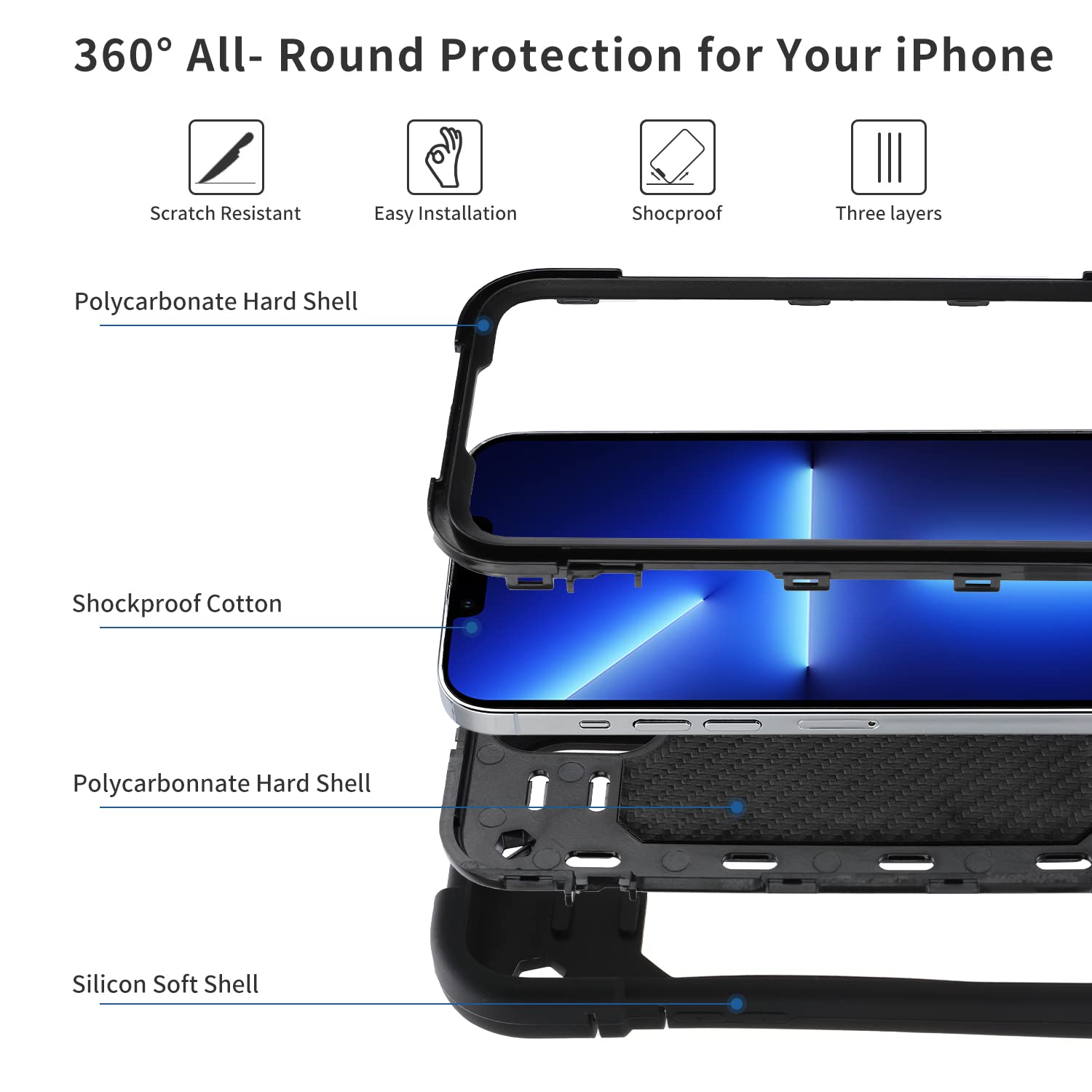 Premium Shockproof iPhone 13 Pro Max Case 6.7 Inch with Ring Stand - Includes 2 Pack Tempered Glass Screen Protector + Camera Lens Protector | Heavy Duty Protective Cover for iPhone 13 Pro Max (Black) | Perfect for Outdoor Activities, Travel & Daily Use