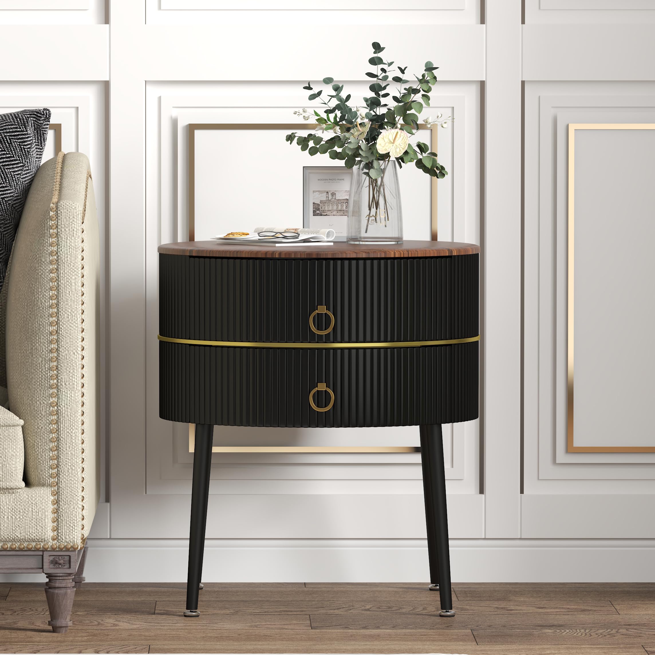 Modern Round End Table with 2 Drawers - Black & Brown Nightstand with Metal Legs for Bedroom, Living Room | Compact Side Table for Small Spaces, Bedside Storage Solution