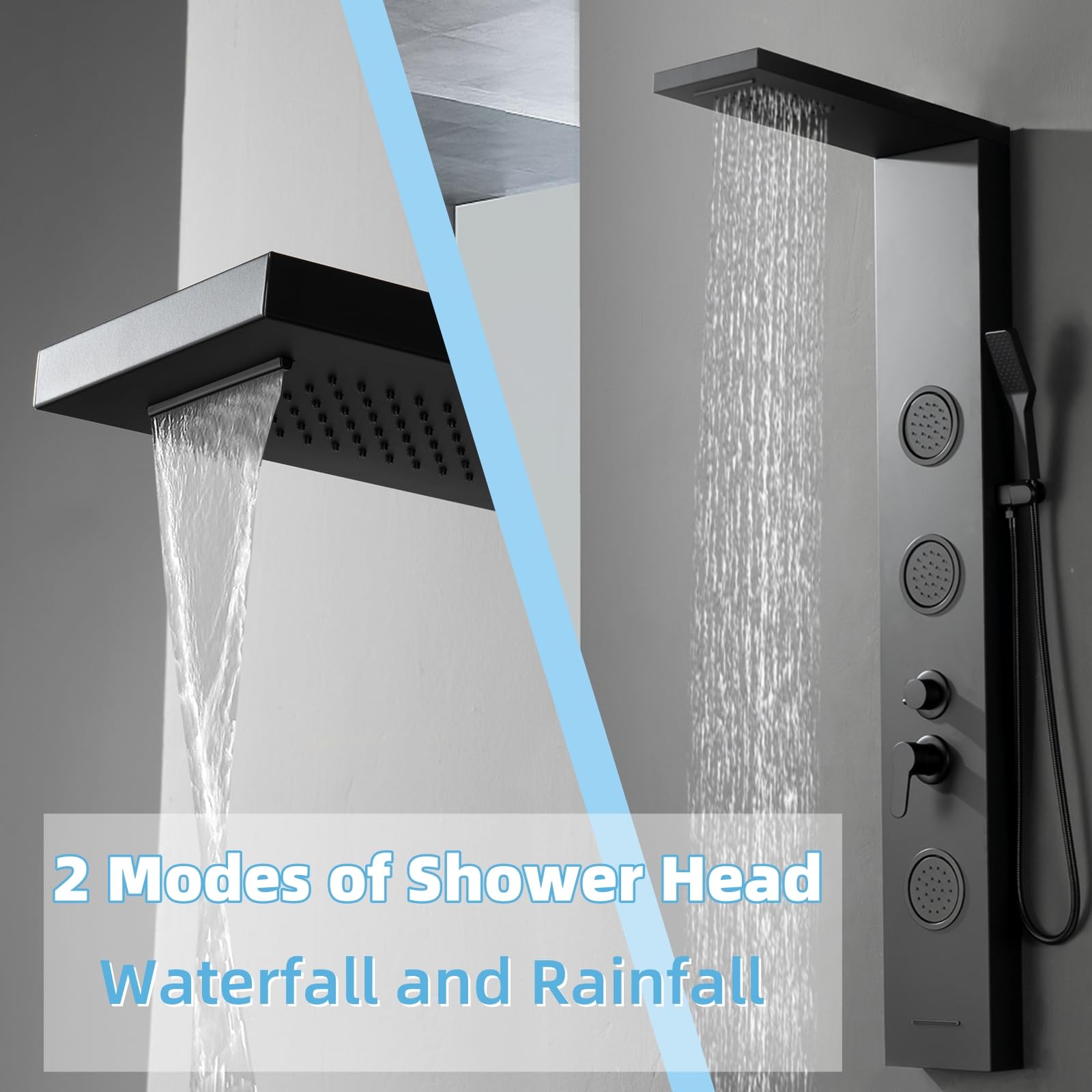 Stainless Steel Multi-Function Shower Panel Tower System with Rainfall Shower Head, 3 Body Jets, Handheld Shower Wand & Tub Spout - Luxury Bathroom Upgrade for Spa-Like Experience