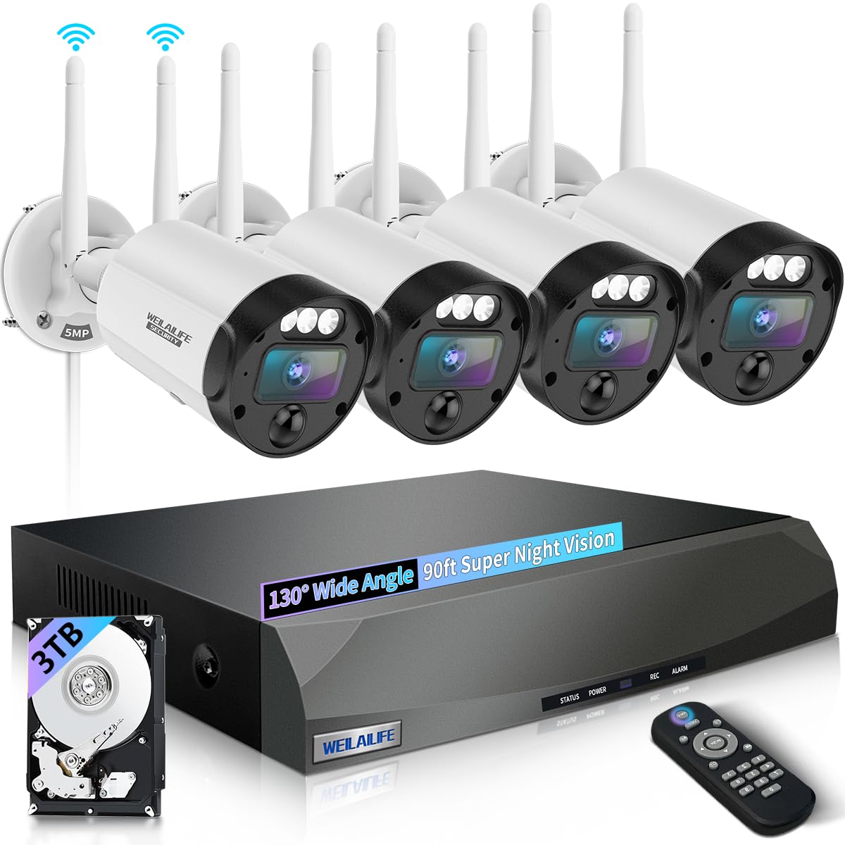 90ft Super Night Vision Outdoor Wireless Security Camera System - WiFi Home Security Cameras with Motion Detection for Indoor/Outdoor Surveillance - Perfect for Backyard, Garage & Front Door Monitoring