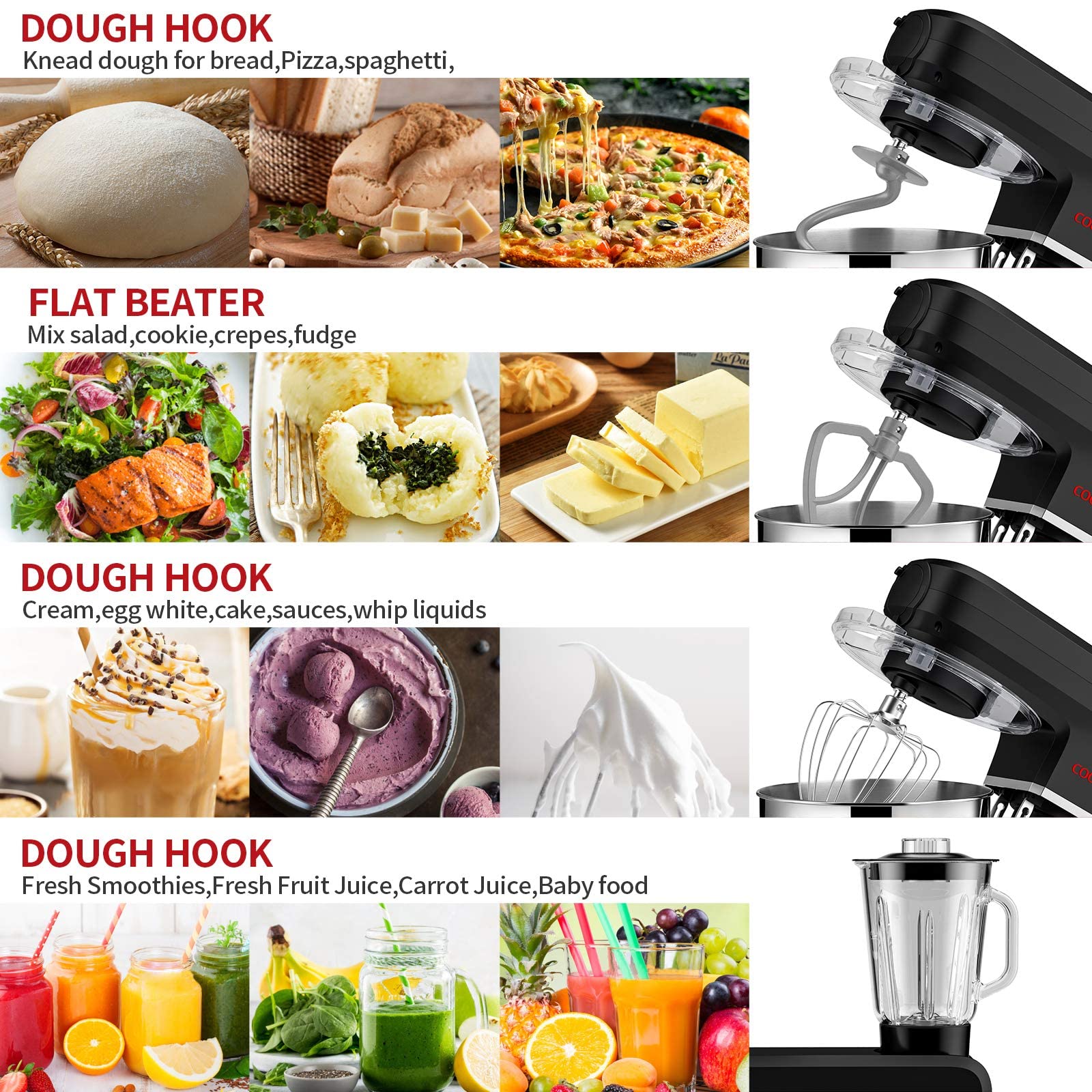COOKLEE 6-in-1 Stand Mixer, 8.5 Qt. Powerful 800W Electric Kitchen Mixer with 9 Attachments - Dough Hook, Whisk & More - Perfect for Baking Bread, Cakes, Cookies & Pizza Dough - Ideal for Home Bakers & Professional Chefs (Black, SM-1507BM)