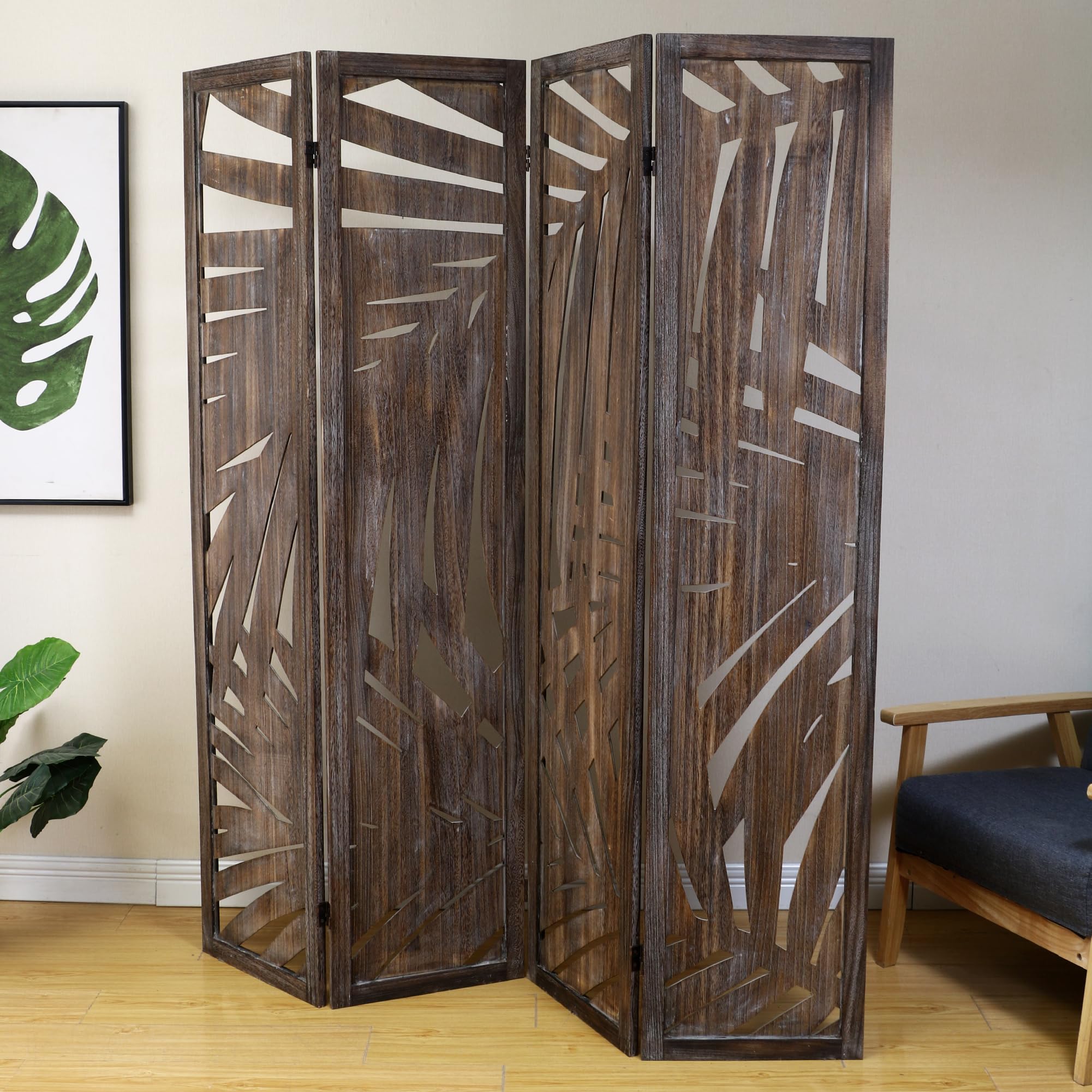 Proman Products - Wooden Room Divider Folding Screen with Palm Leaf Design, Smoked Brown - Perfect for Home, Office, and Event Decor - Adds Privacy and Tropical Style to Any Space
