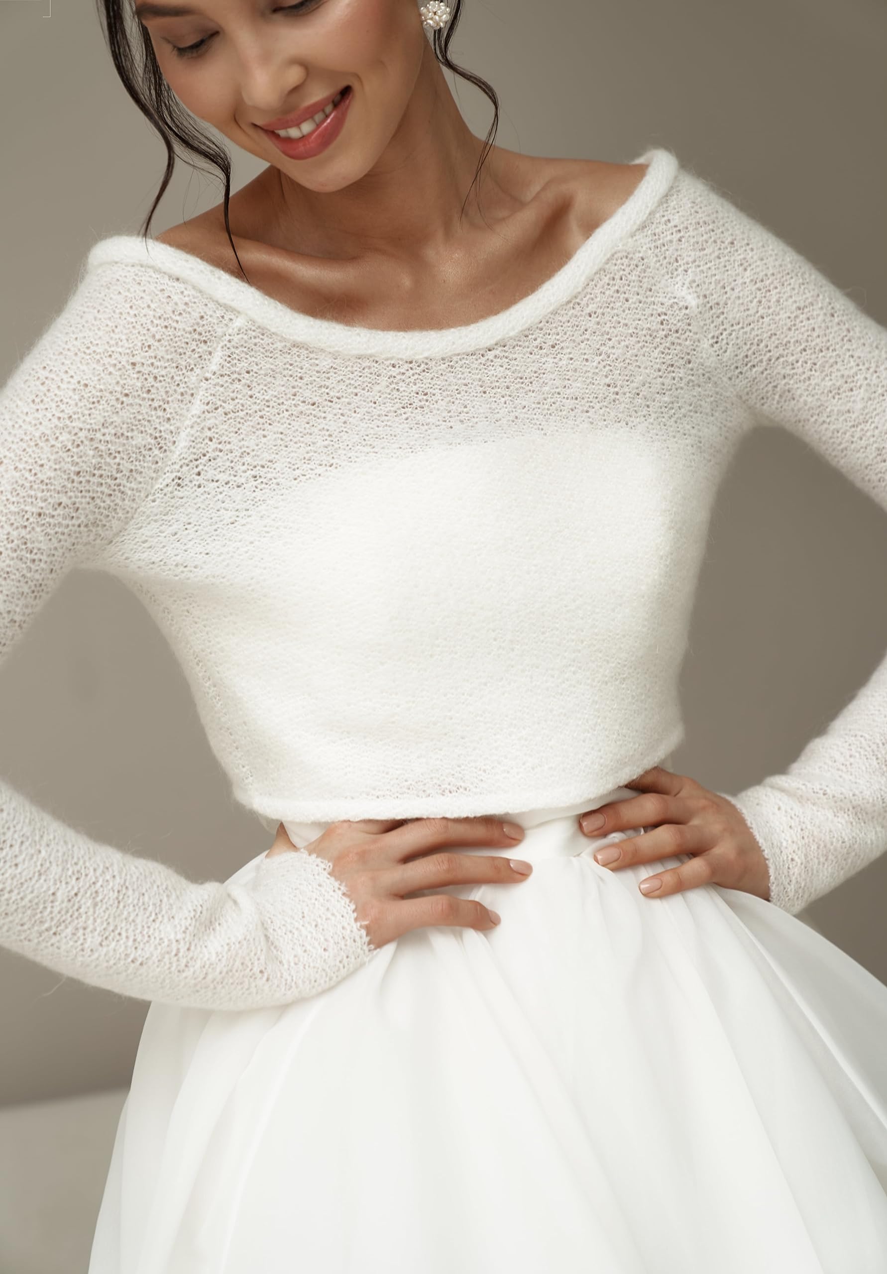 Ivory Mohair Bridal Bolero Sweater - Cozy Knitted Pullover for Wedding Dresses, Warm Shawl Top for Brides (Size L) | Perfect for Winter Weddings, Church Ceremonies & Outdoor Photo Shoots