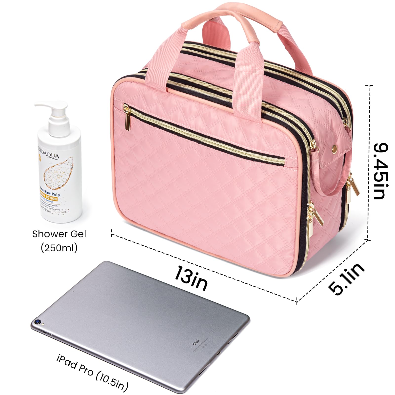 FUNSEED Hanging Travel Toiletry Bag for Men & Women - Large Capacity Waterproof Makeup Organizer with Multiple Compartments for Cosmetics, Jewelry, Toiletries - Perfect for Vacation, Business Trips & Gym (Pink)