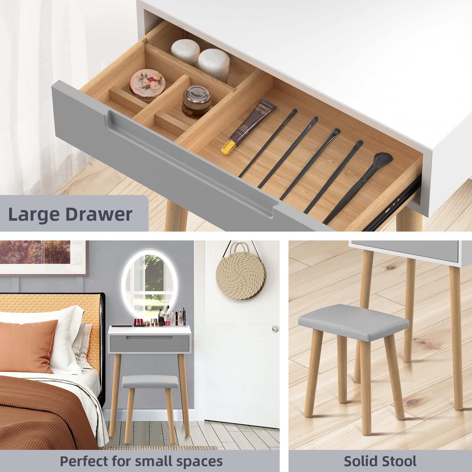 YOURLITE Small Vanity Desk with Mirror & LED Lights, Makeup Vanity Table with Chair & Storage Drawers, Compact Grey Vanity Desk for Bedroom - Perfect for Small Spaces, Home Makeup Studio & Dressing Area